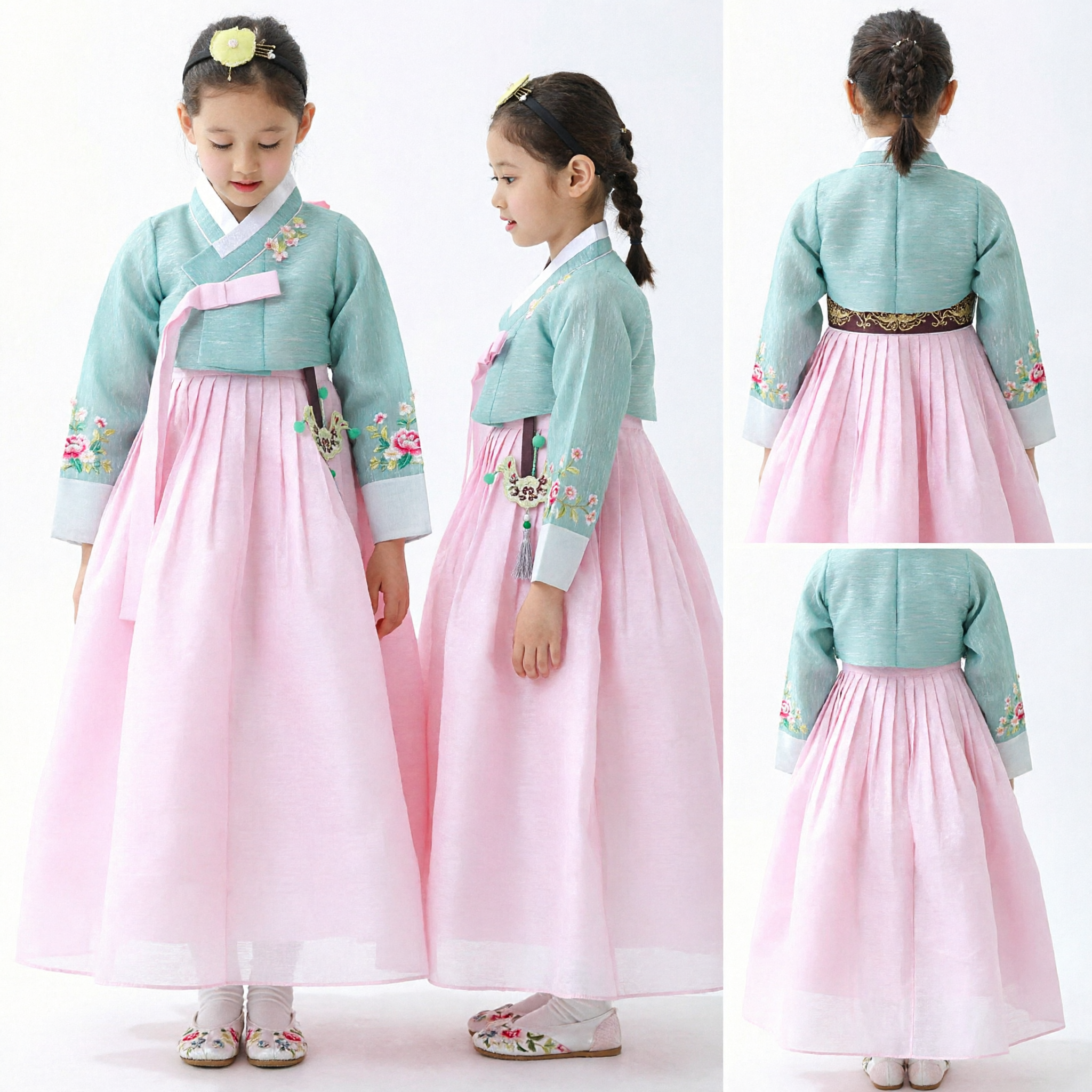 Traditional Korean Hanbok for Girls Kids Ceremonial Dress Light Blue Jeogori Pink Chima Costume for Parties