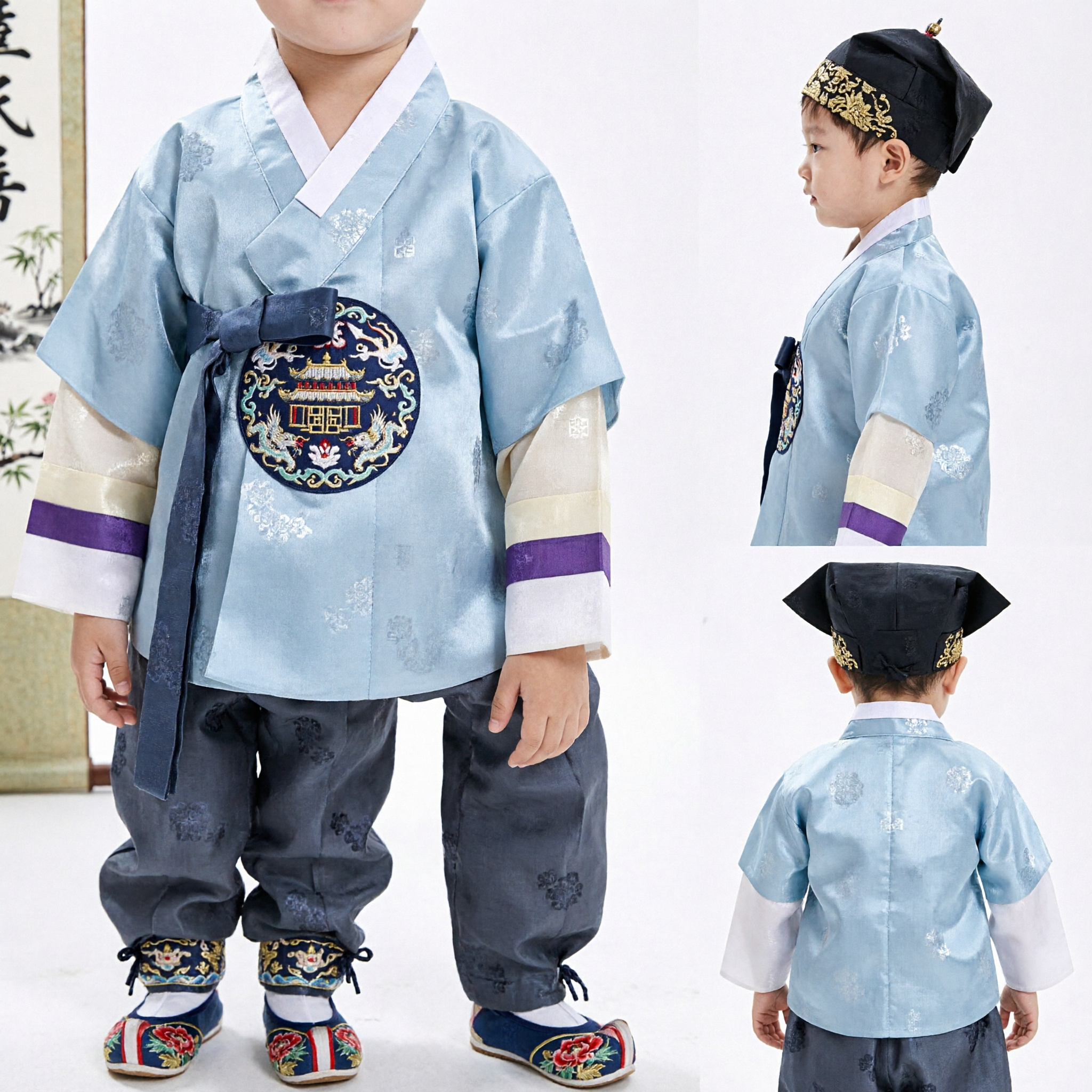 Traditional Korean Hanbok for Boys Kids Blue Jeogori Set with Hat for First Birthday Doljanchi