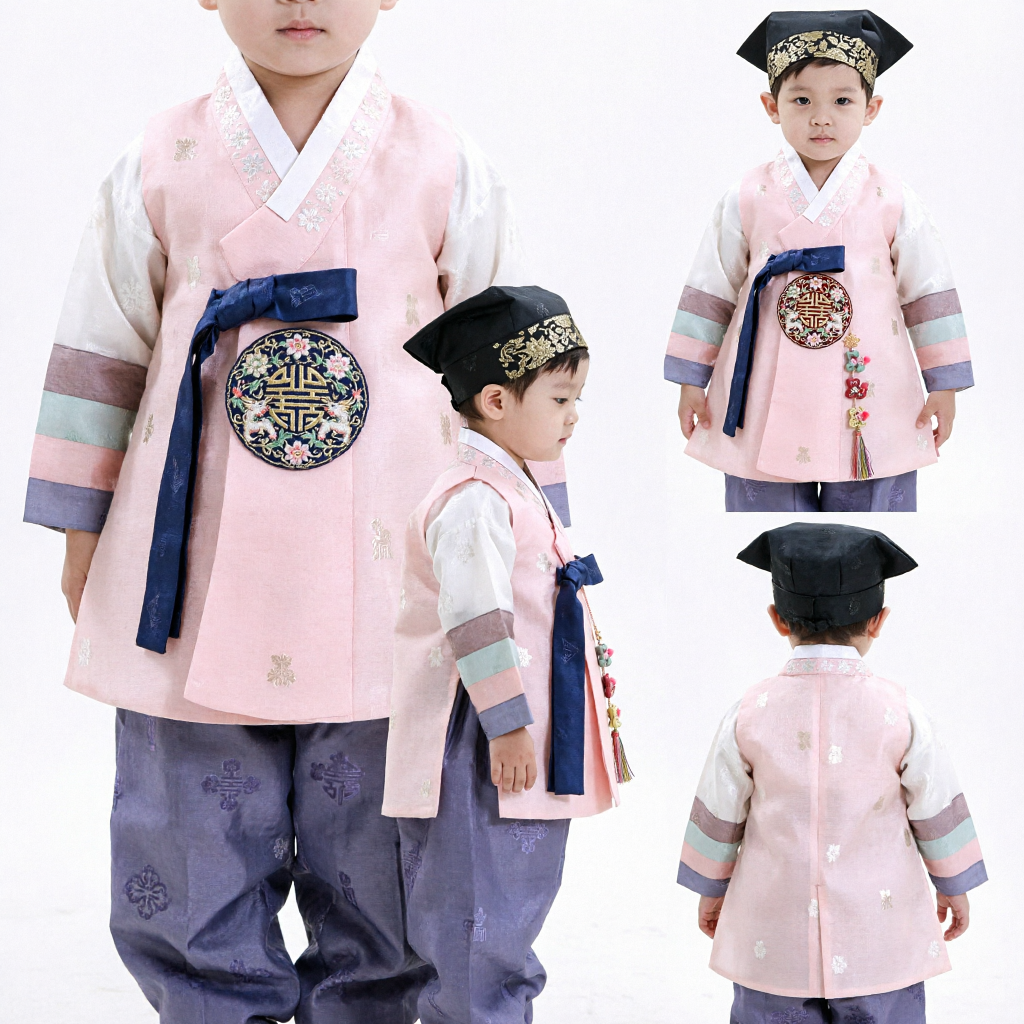 Toddler Boy Pink Korean Hanbok Set Traditional Costume with Hat for First Birthday Dol Party