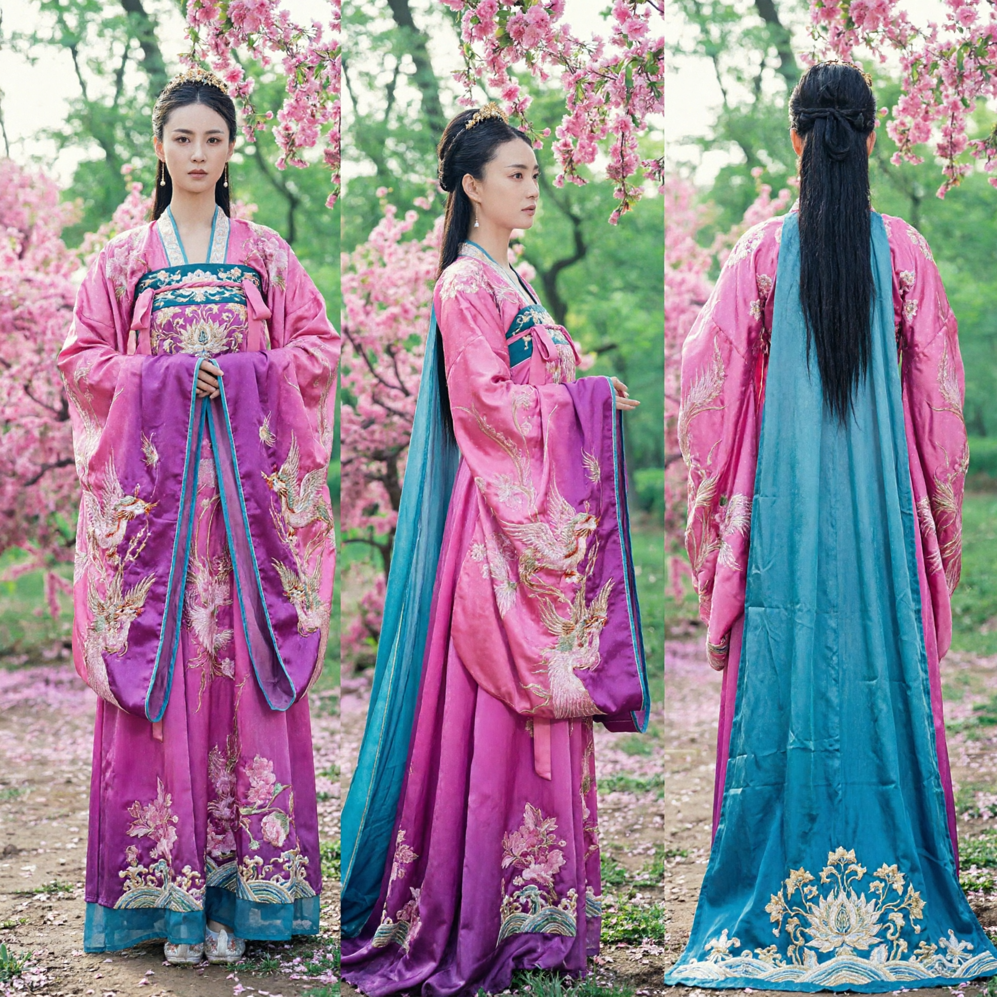 Elegant Pink Traditional Chinese Hanfu Tang Dynasty Princess Dress with Blue Robe Ancient Costume for Women