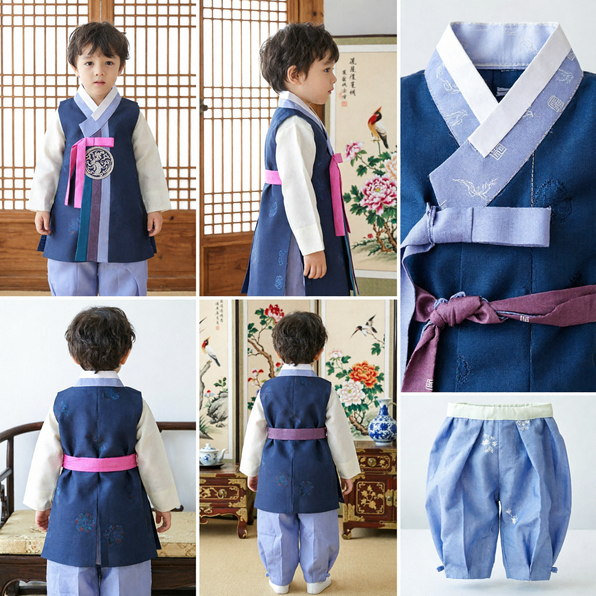 Traditional Korean Hanbok for Boys Kids Blue Vest and Pants Set for Doljanchi Seollal Festivals