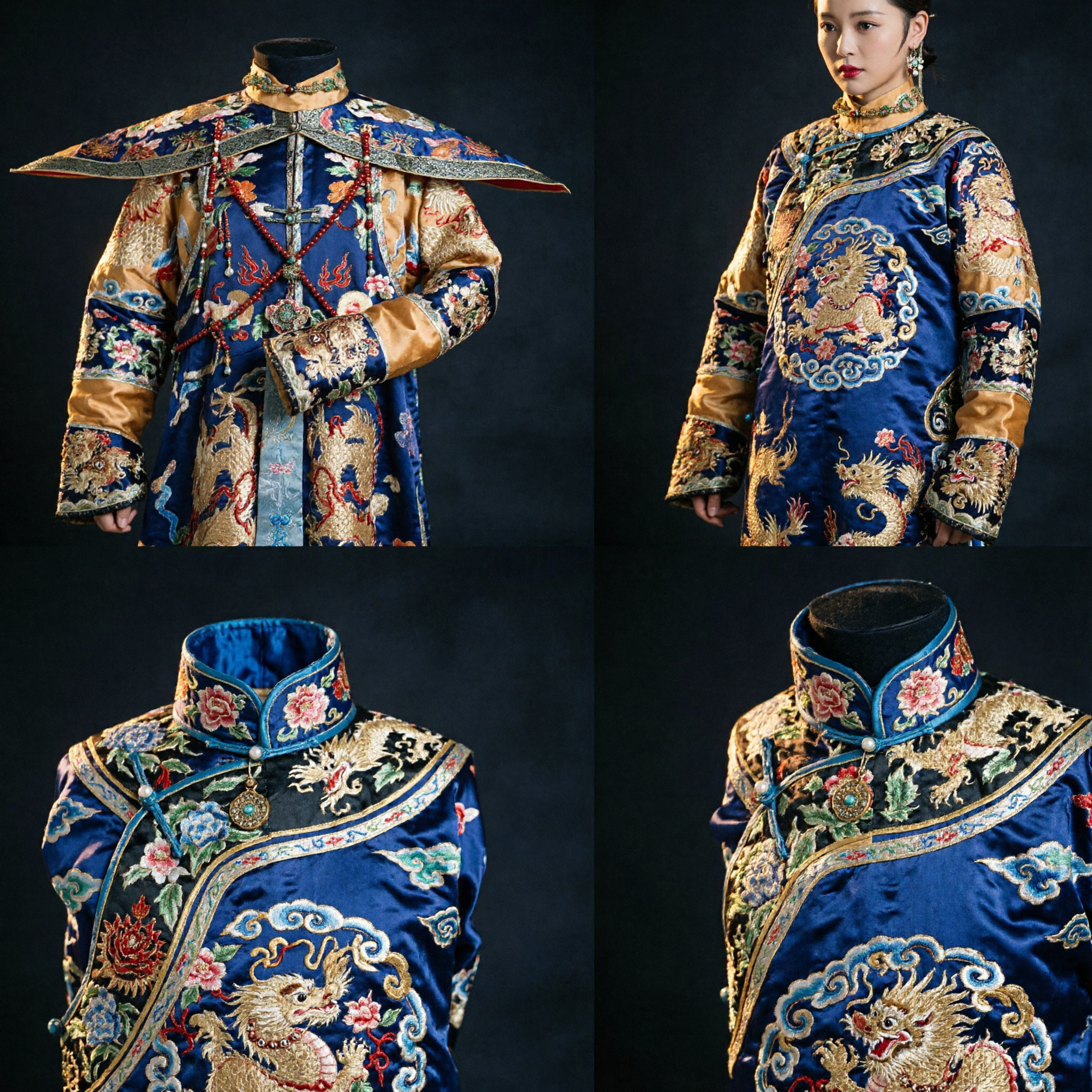 Traditional Chinese Qing Dynasty Empress Court Robe Blue Dragon Chao Fu Costume with Headdress for Women