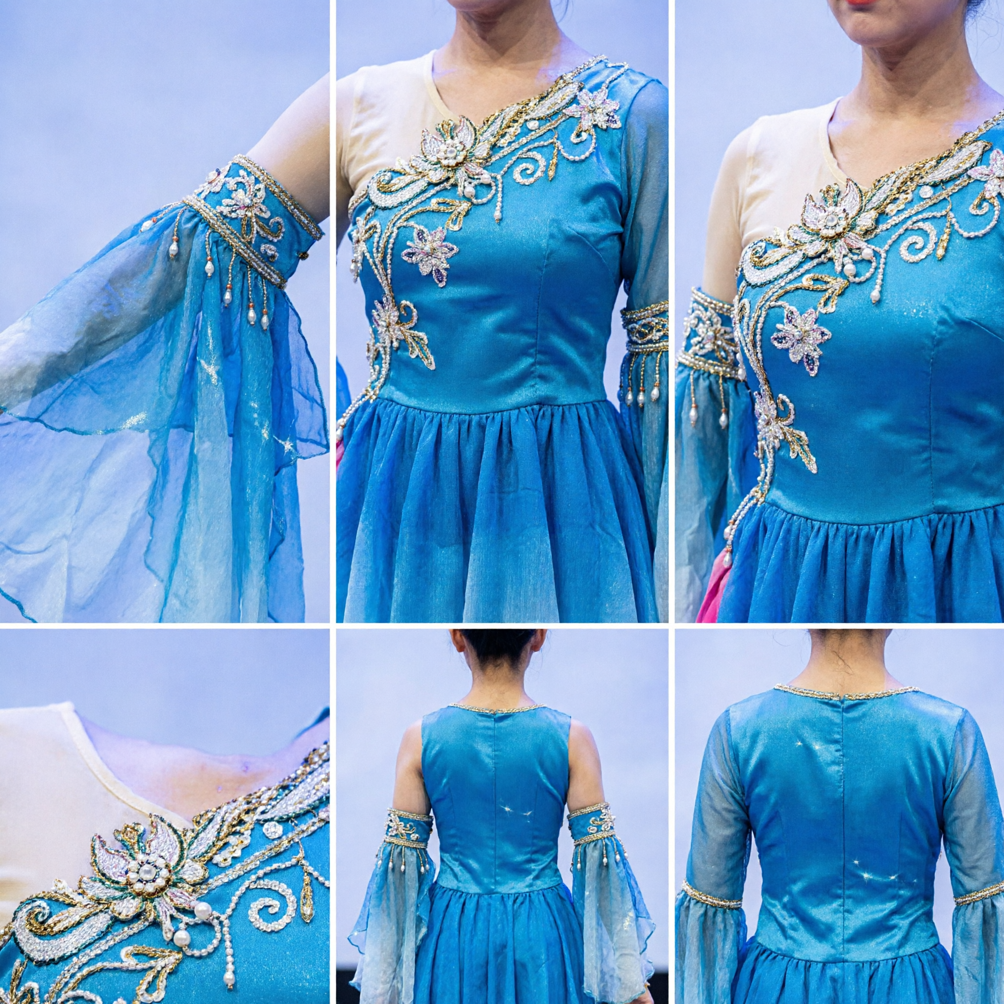 Women's Blue Chinese Folk Dance Costume Sequin Stage Performance Dress for Group Dance Competition
