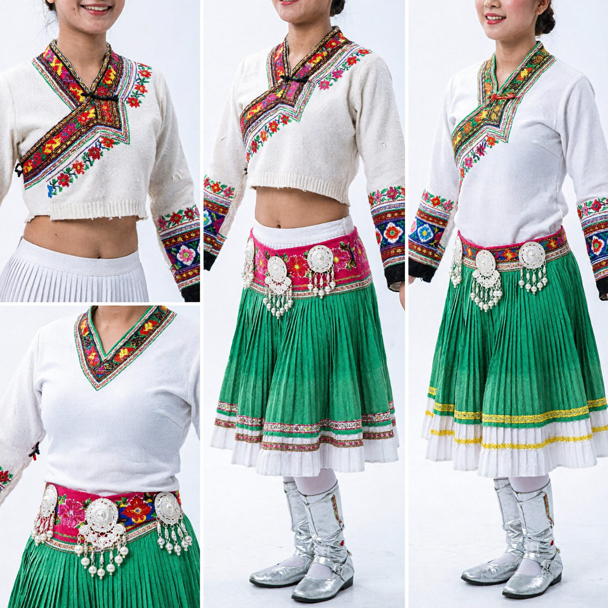 Traditional Chinese Tibetan Folk Dance Costume for Women Green Long Sleeve Ribbon Dress Stage Performance Outfit