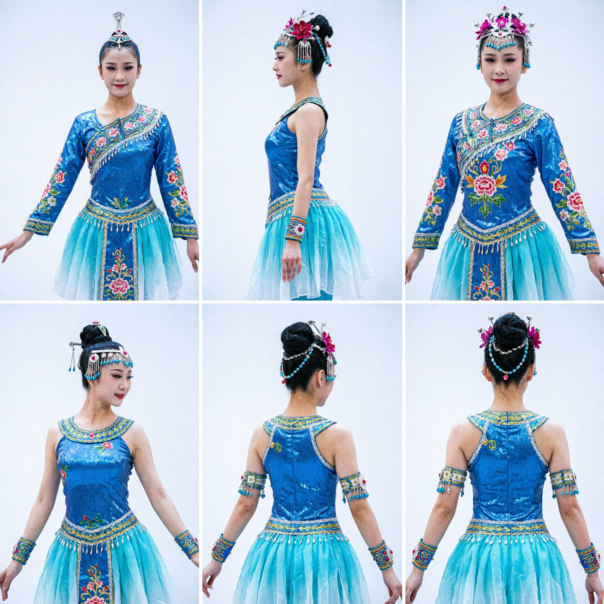 Elegant Blue Chinese Classical Dance Costume Set Group Stage Performance Dress with Headpiece for Women