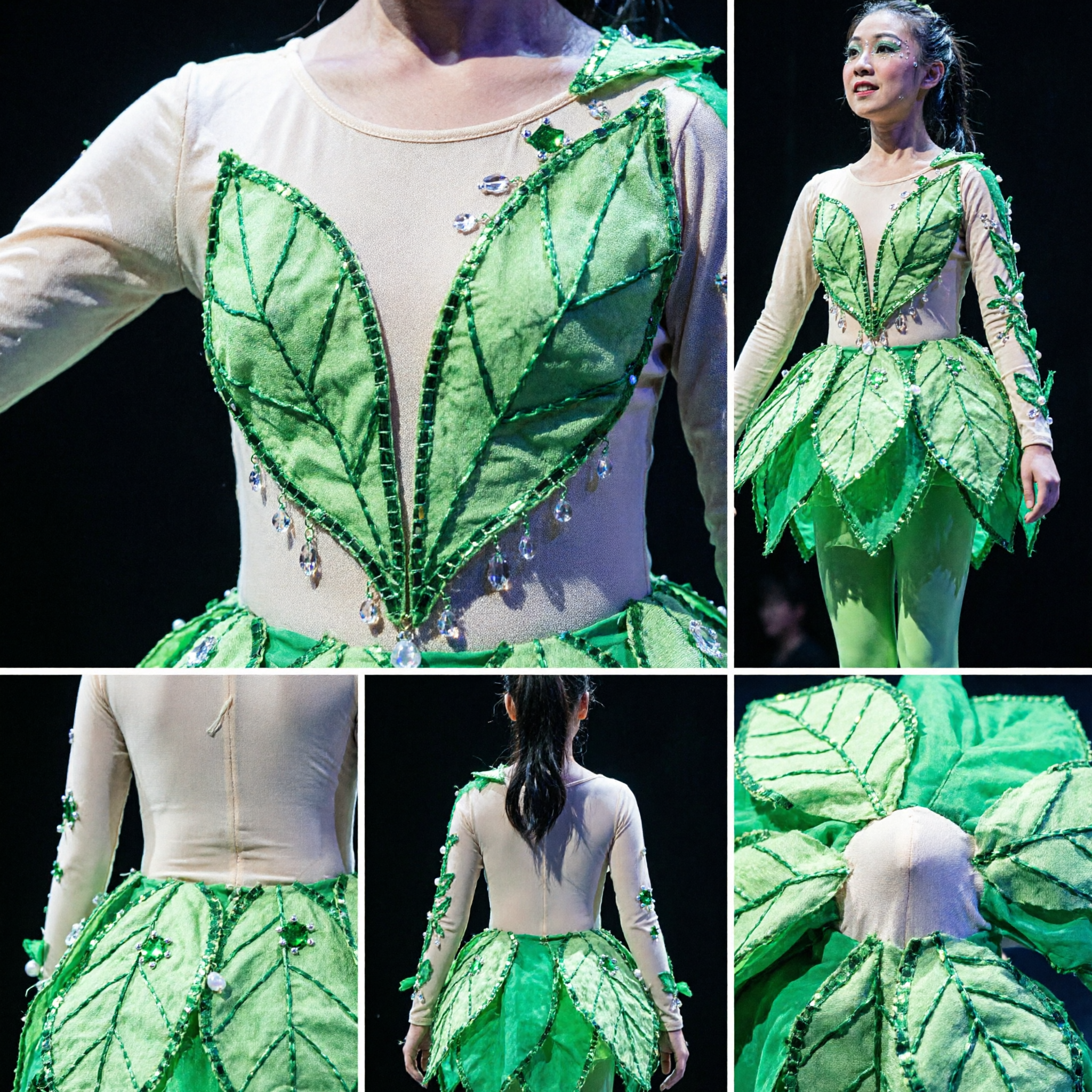 Traditional Chinese Green Leaf Spirit Dance Costume for Girls Kids Stage Performance Folk Competition Outfit