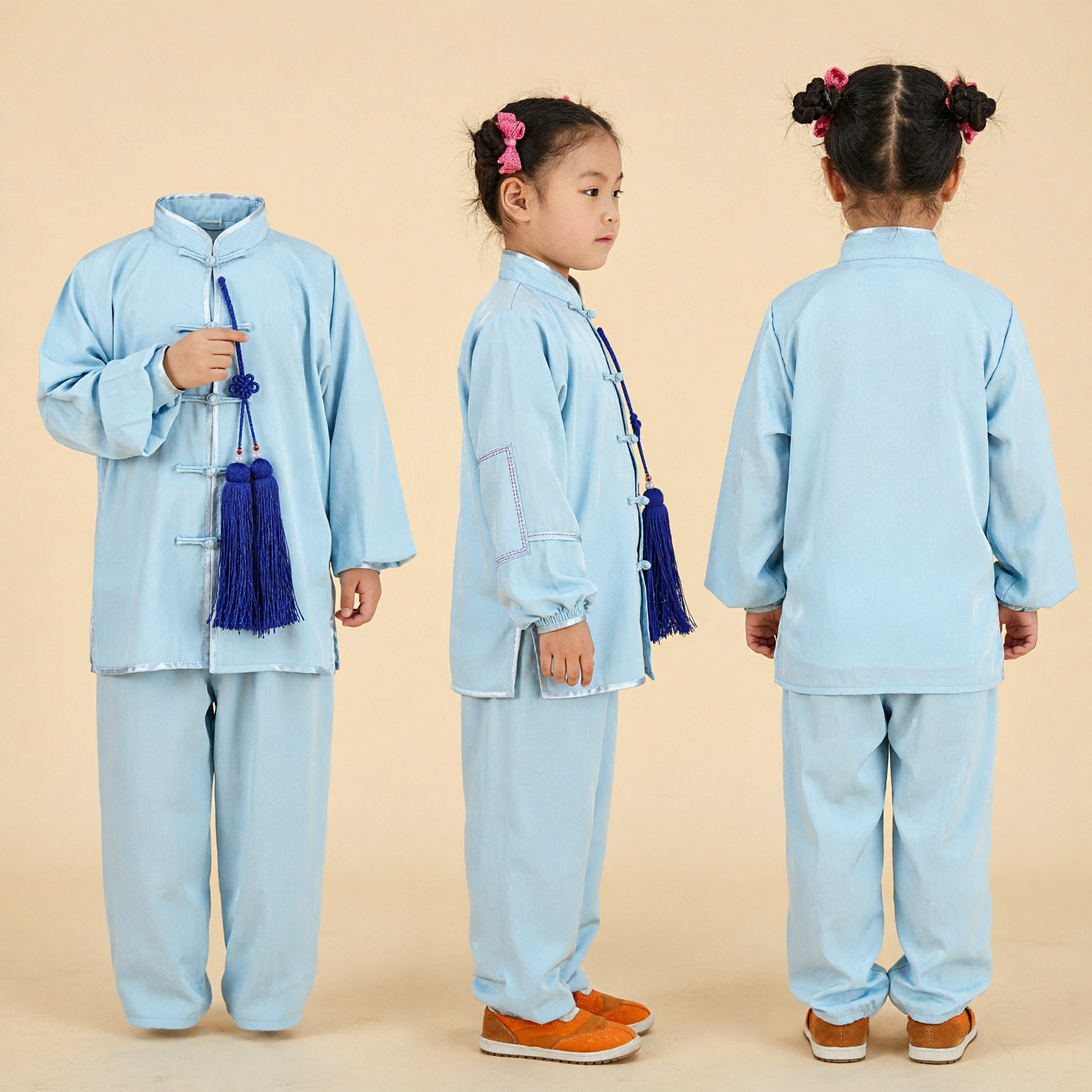 Kids Chinese Kung Fu Uniform Blue Cotton Martial Arts Tai Chi Costume for Girls Performance