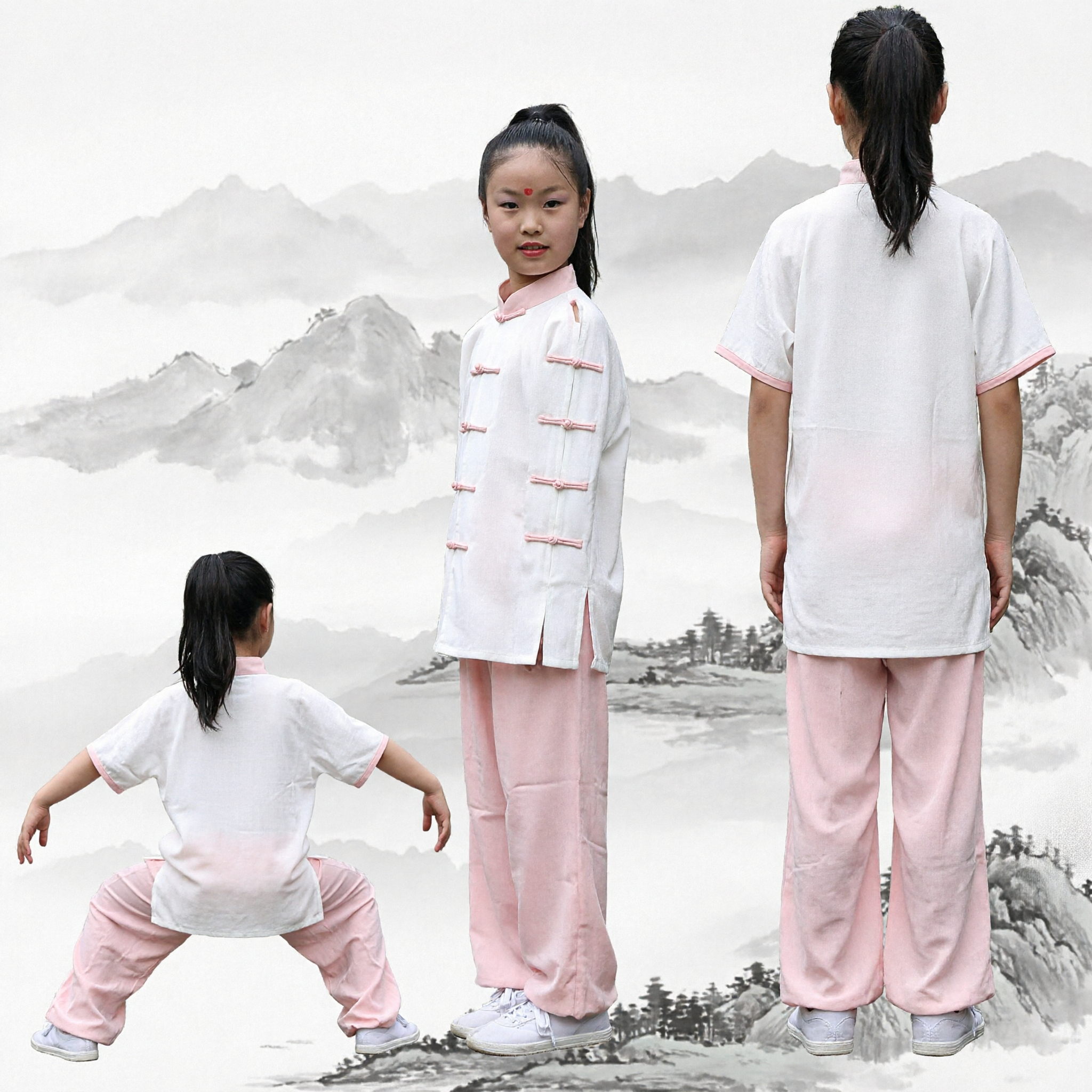 Traditional Chinese Kung Fu Uniform for Kids Girls Pink and White Tai Chi Martial Arts Costume Set
