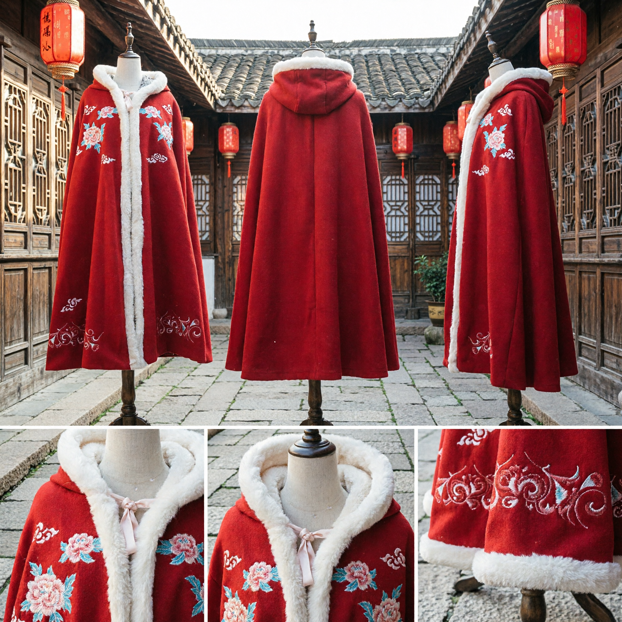 Traditional Chinese Red Wool Cloak with White Fur Trim and Floral Embroidery Hanfu Winter Outerwear for Women
