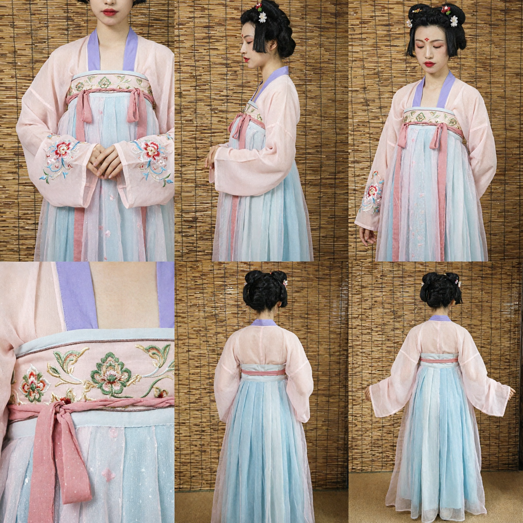 Traditional Chinese Tang Dynasty Hanfu Ruqun Ancient Pastel Pink and Blue Costume for Women Photography