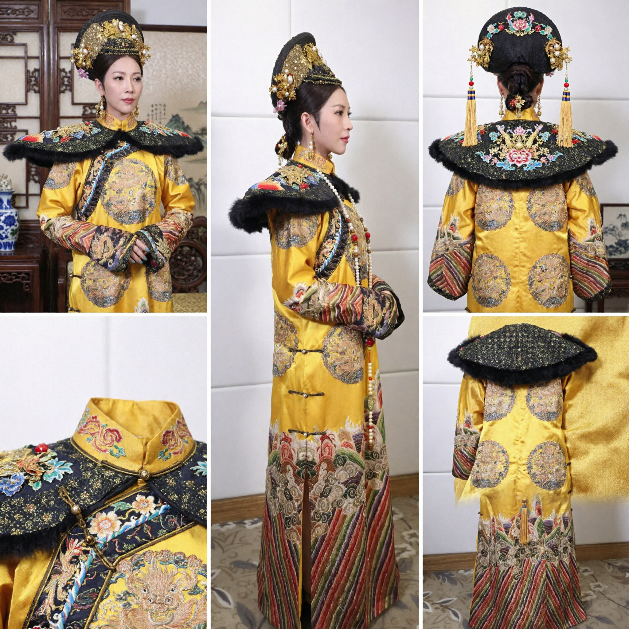 Traditional Chinese Qing Dynasty Empress Yellow Dragon Robe Complete Set with Headdress for Women