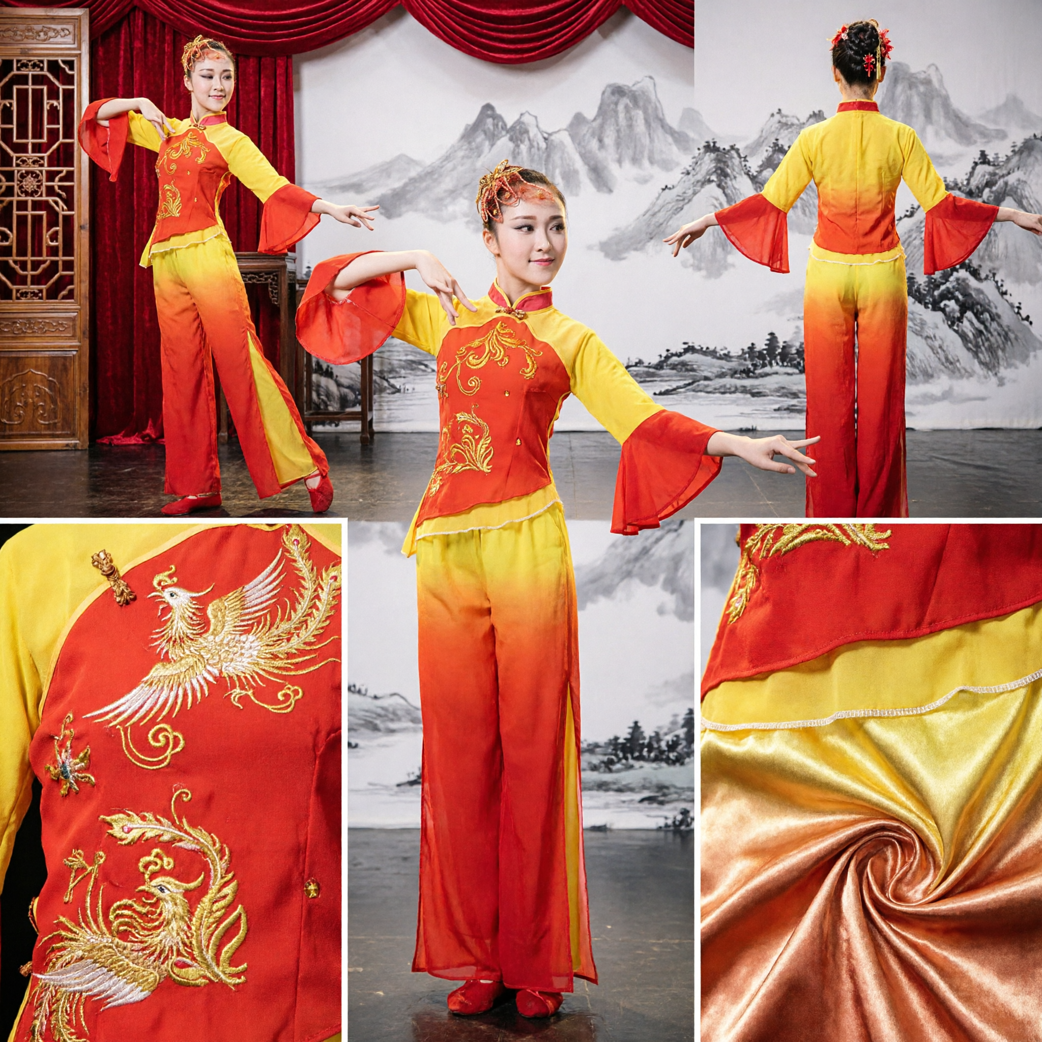 Traditional Chinese Folk Dance Costume Women Red Yellow Gradient Yangge Fan Dance Performance Outfit Set