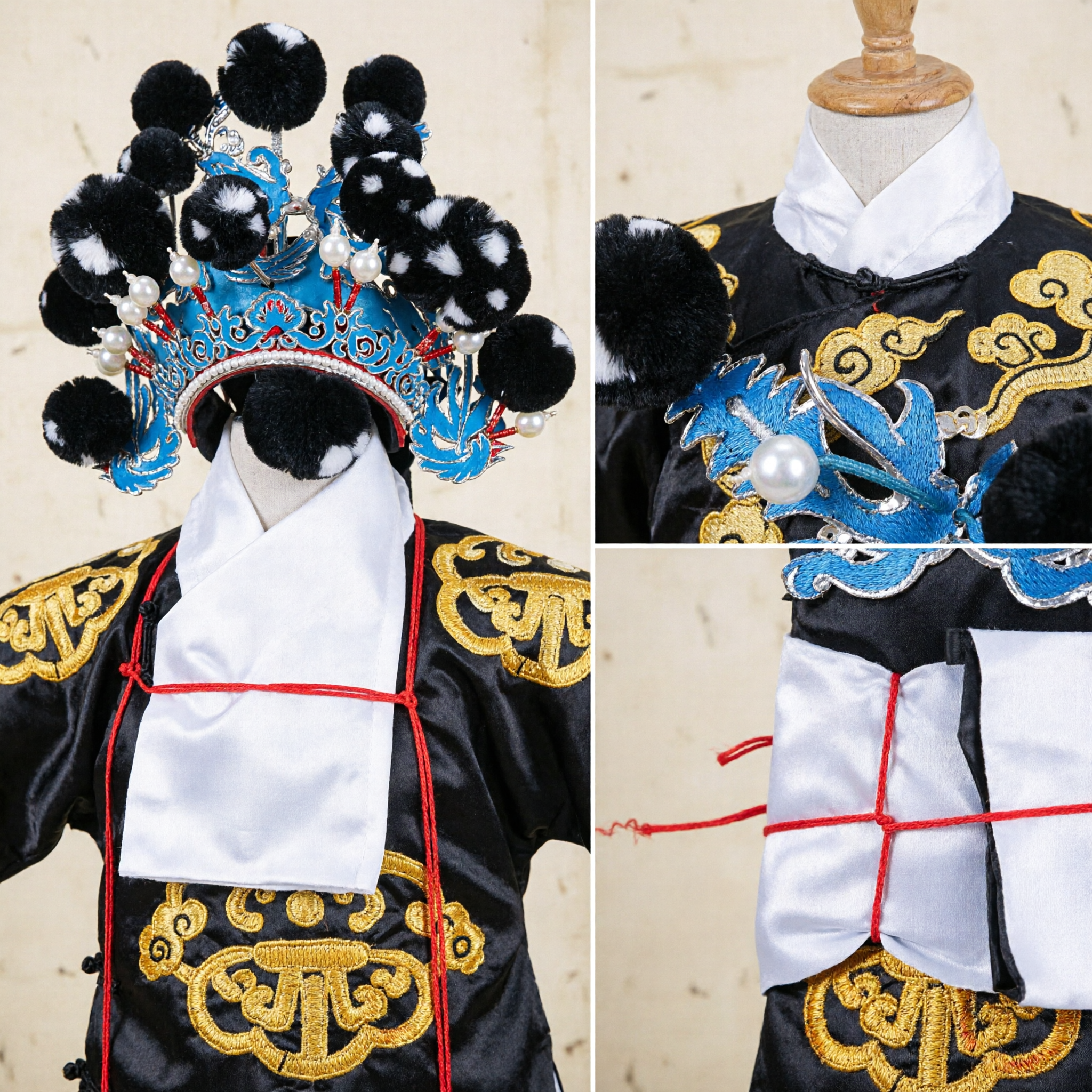 Traditional Chinese Peking Opera Headdress Blue Embroidery Black Pom-Pom Headpiece for Hanfu Stage Performance