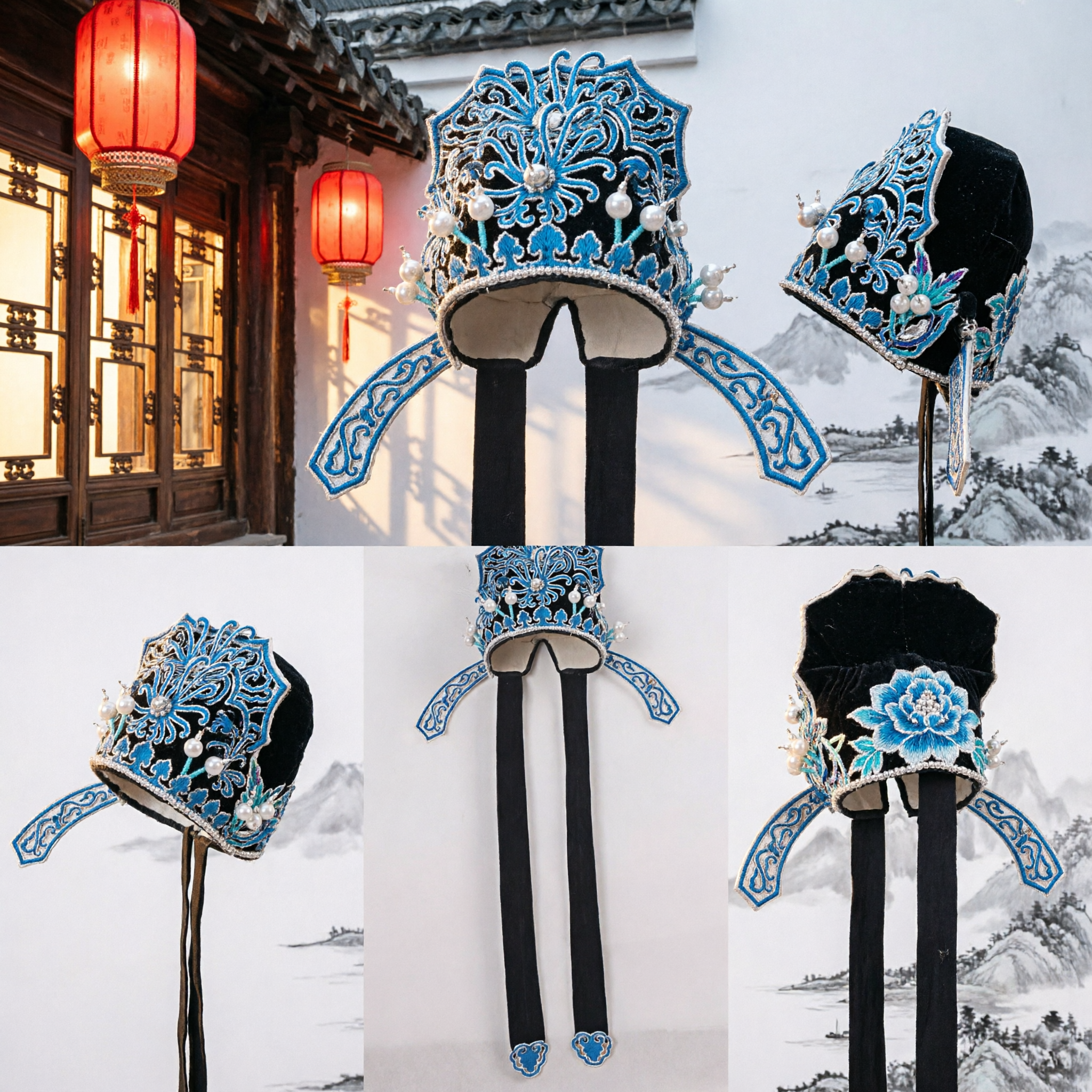 Traditional Chinese Peking Opera Blue Scholar Headdress Embroidered Headwear for Men Stage Performance Costume