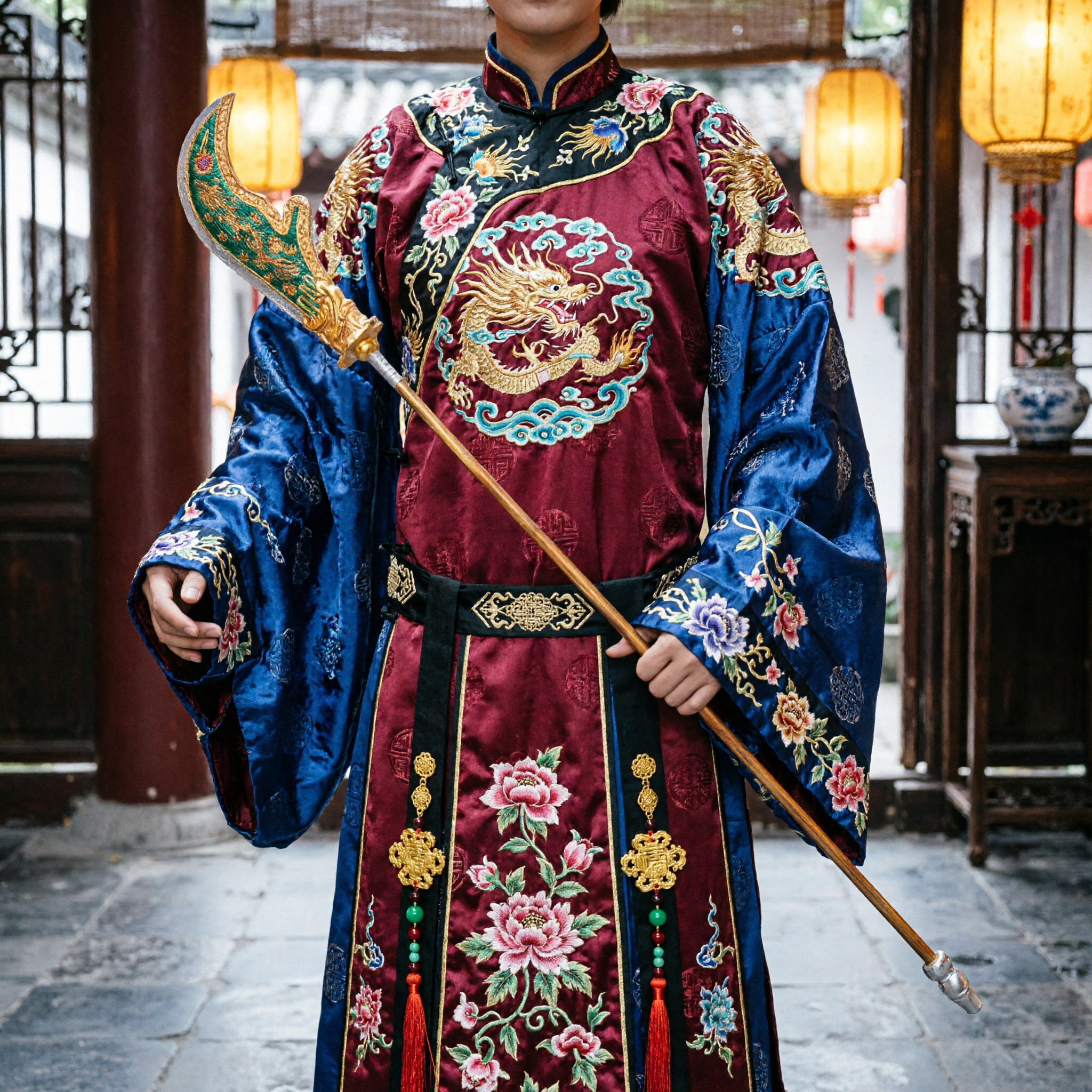 Traditional Chinese Guan Dao Green Blade Gold Dragon Polearm Prop for Beijing Opera Stage Performance Wushu Cosplay