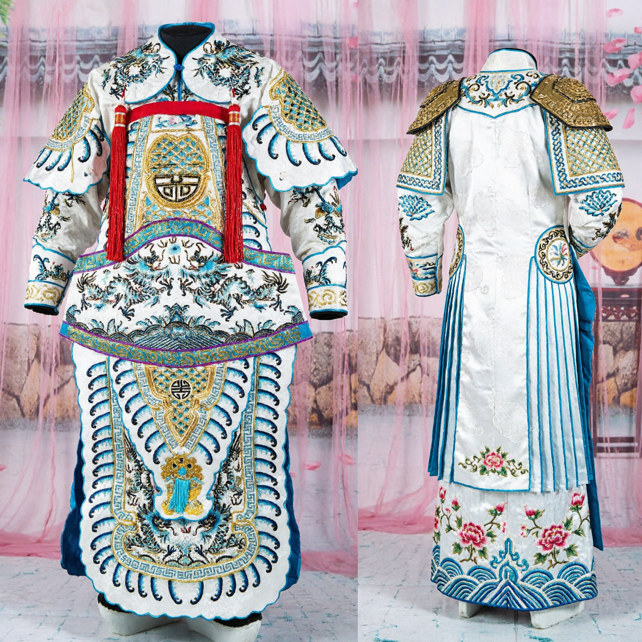 Traditional Chinese Beijing Opera General Armor Costume White Embroidered Dragon Design with Back Flags for Men