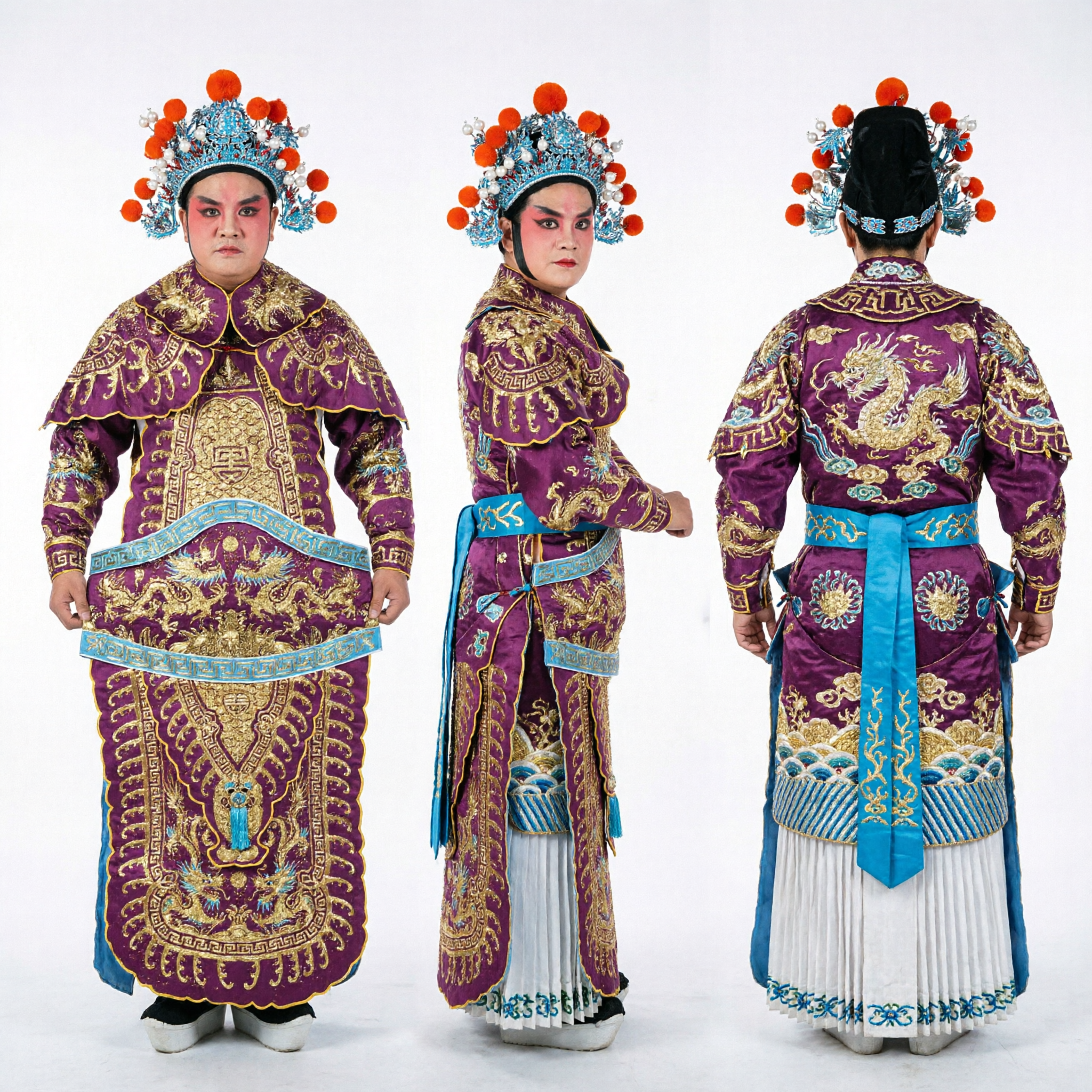Traditional Chinese Peking Opera General Kao Costume Purple Dragon Embroidery Armor with Flags for Men