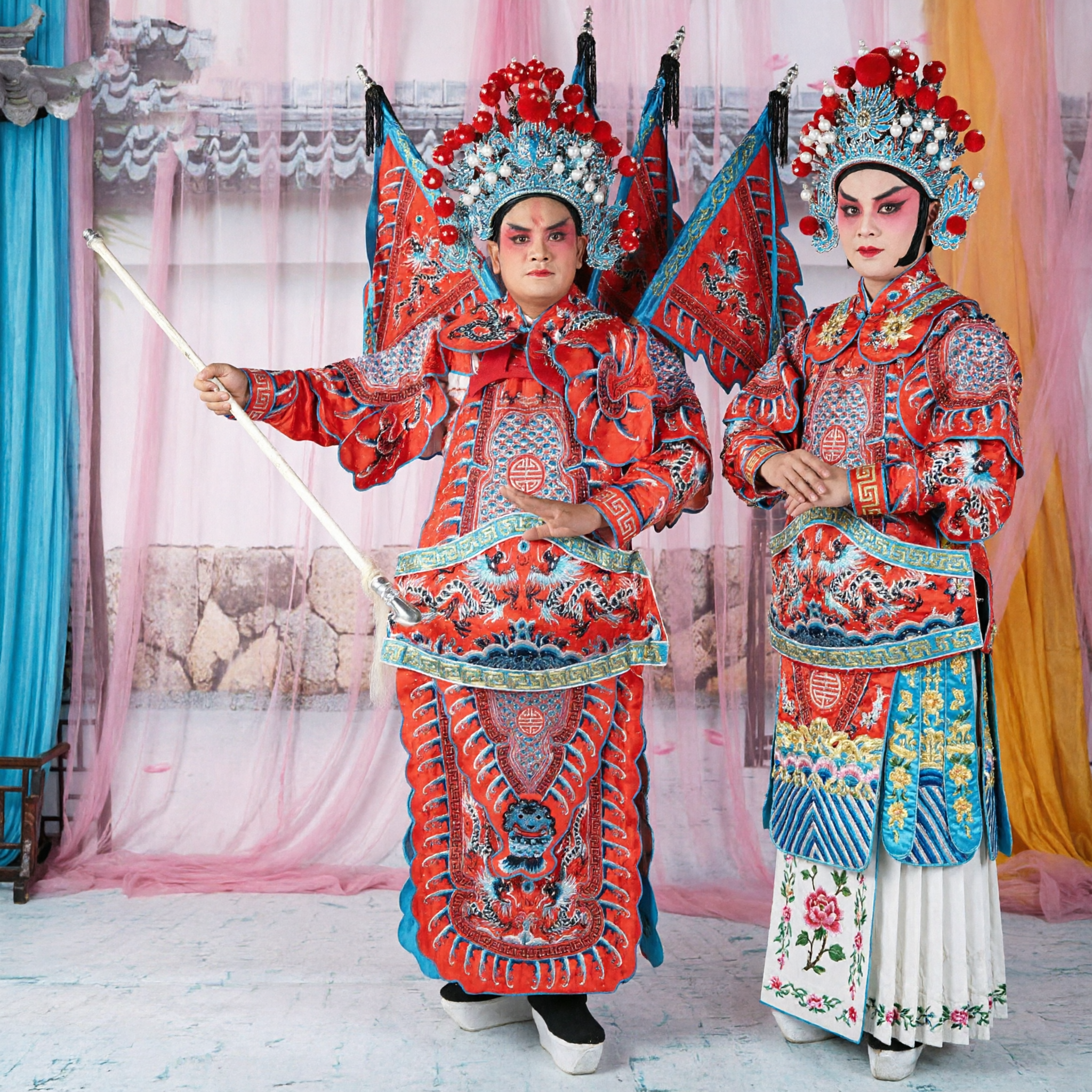 Traditional Chinese Peking Opera General Costume Men Red Embroidered Warrior Robe with Flags and Headdress for Stage Performance
