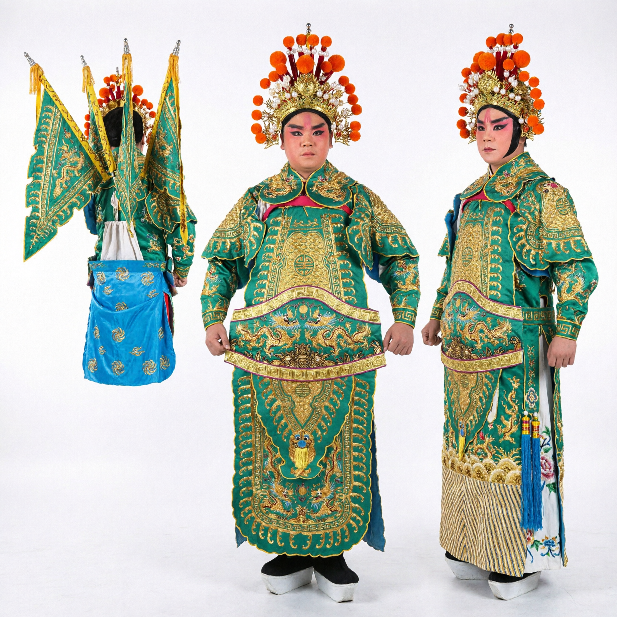 Chinese Peking Opera General Green Armor Costume with Back Flags and Headdress for Stage Performance