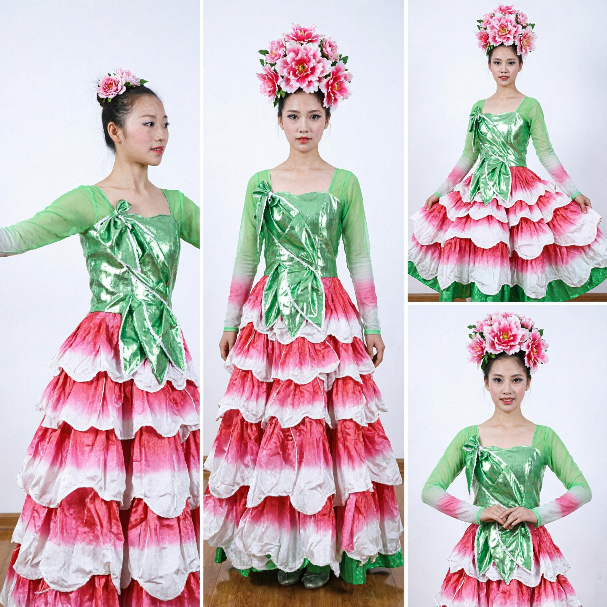 Women's Green and Pink Ruffled Peony Fan Dance Costume for Traditional Chinese Stage Performance