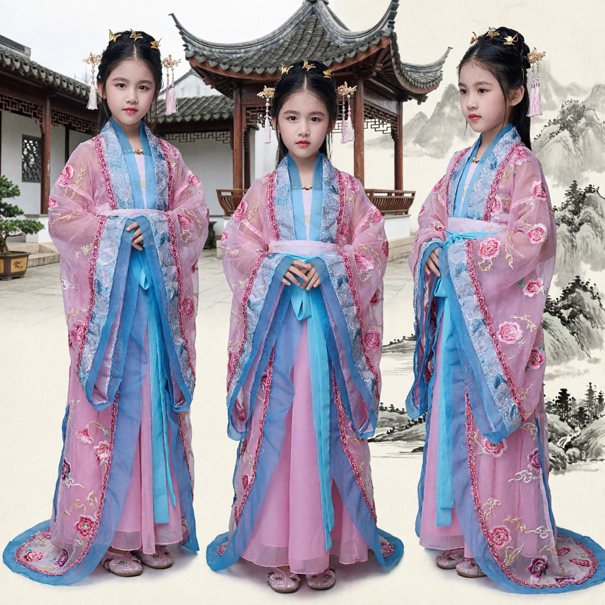 Kids Chinese Traditional Hanfu Costume Pink Blue Fairy Princess Dress for Girls Halloween Cosplay