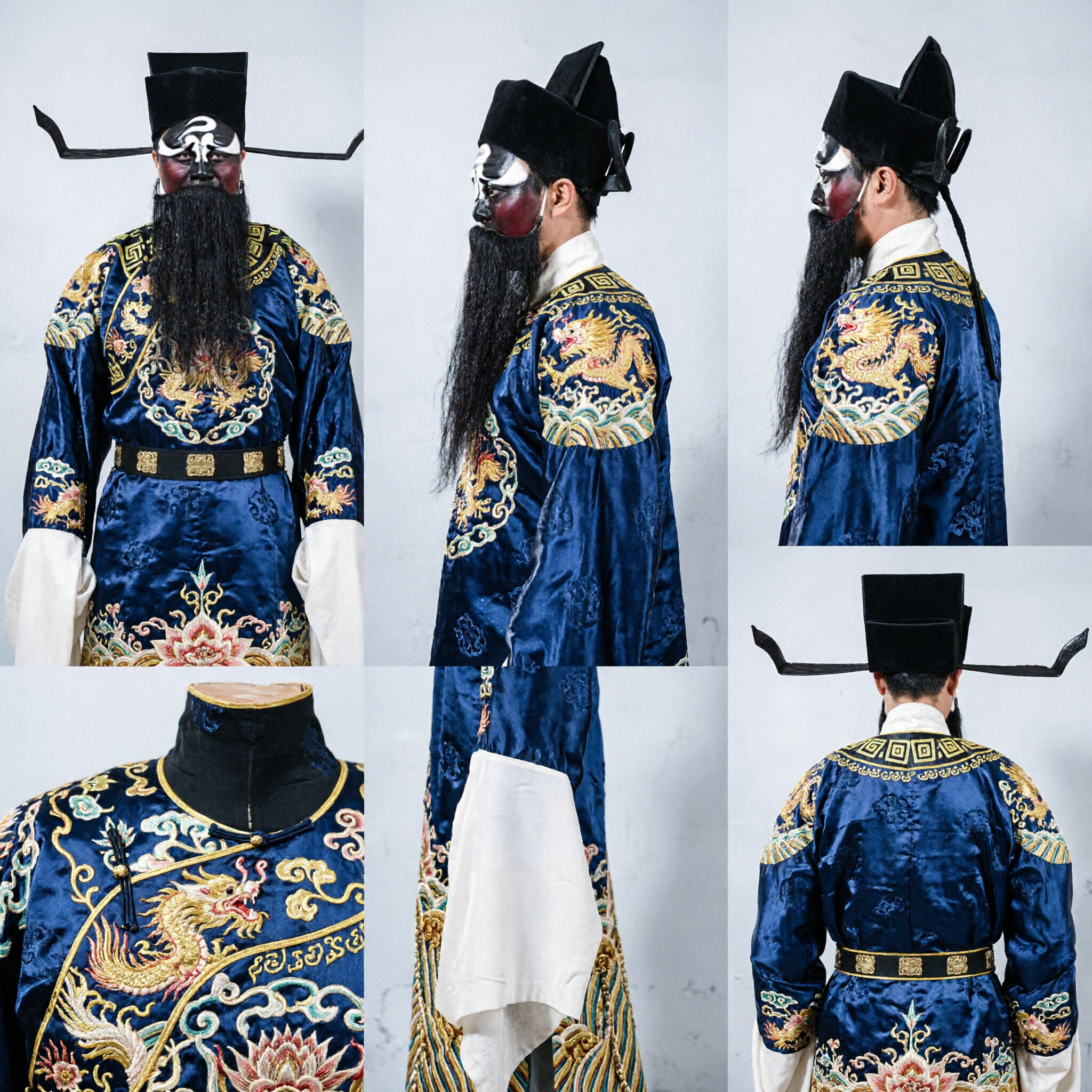 Traditional Chinese Peking Opera Bao Zheng Judge Costume with Black Face Paint and Winged Official Hat