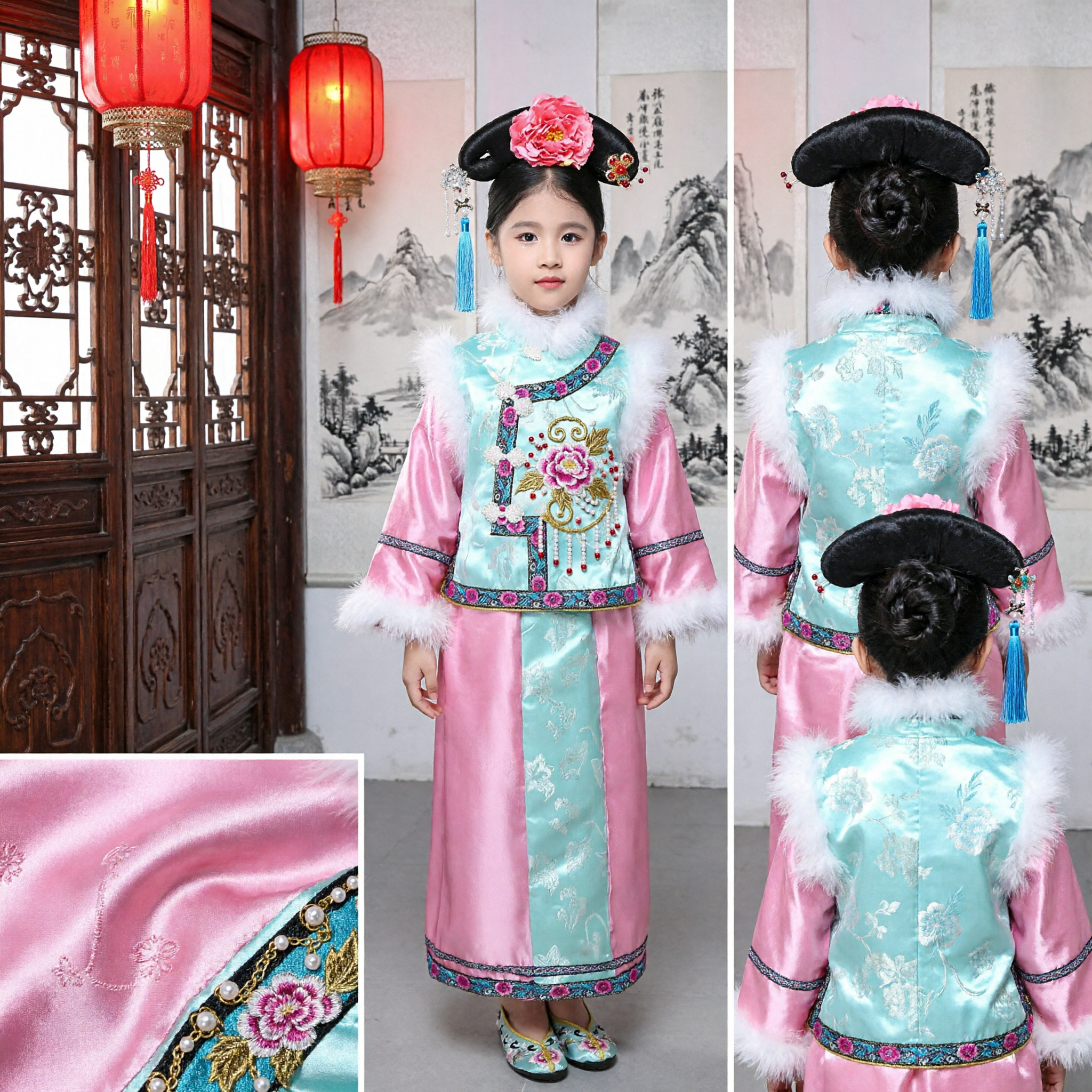 Children Qing Dynasty Manchu Princess Costume Traditional Chinese Ancient Dress for Girls Stage Performance Cosplay