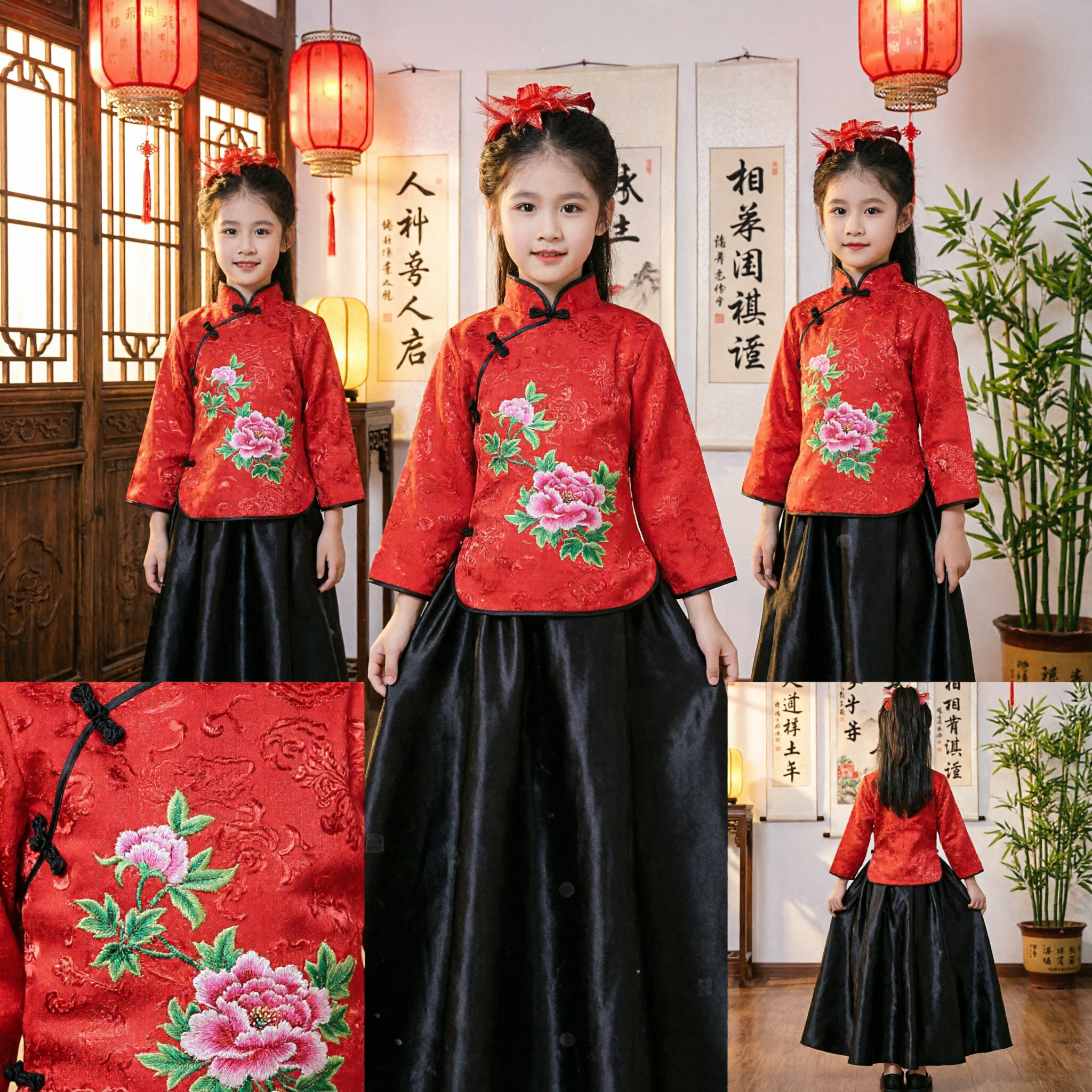 Girls Traditional Chinese Hanfu Set Red Floral Tang Suit Top and Black Skirt for Lunar New Year