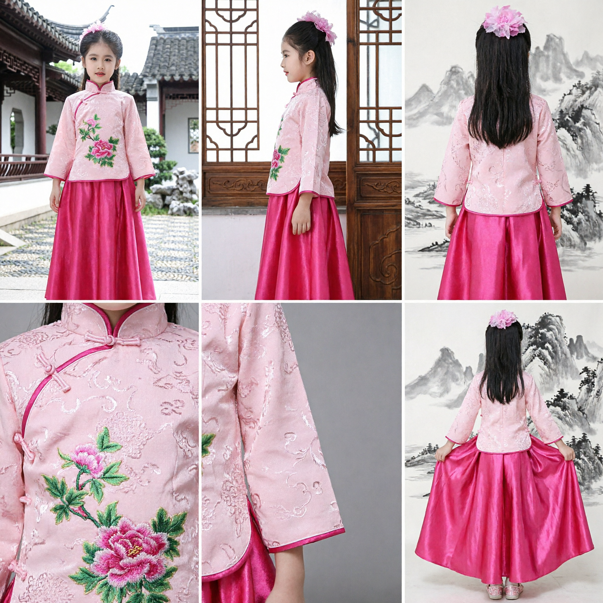Girls Pink Chinese Traditional Costume Embroidered Tang Suit Top and Long Skirt Set for Festival Performance