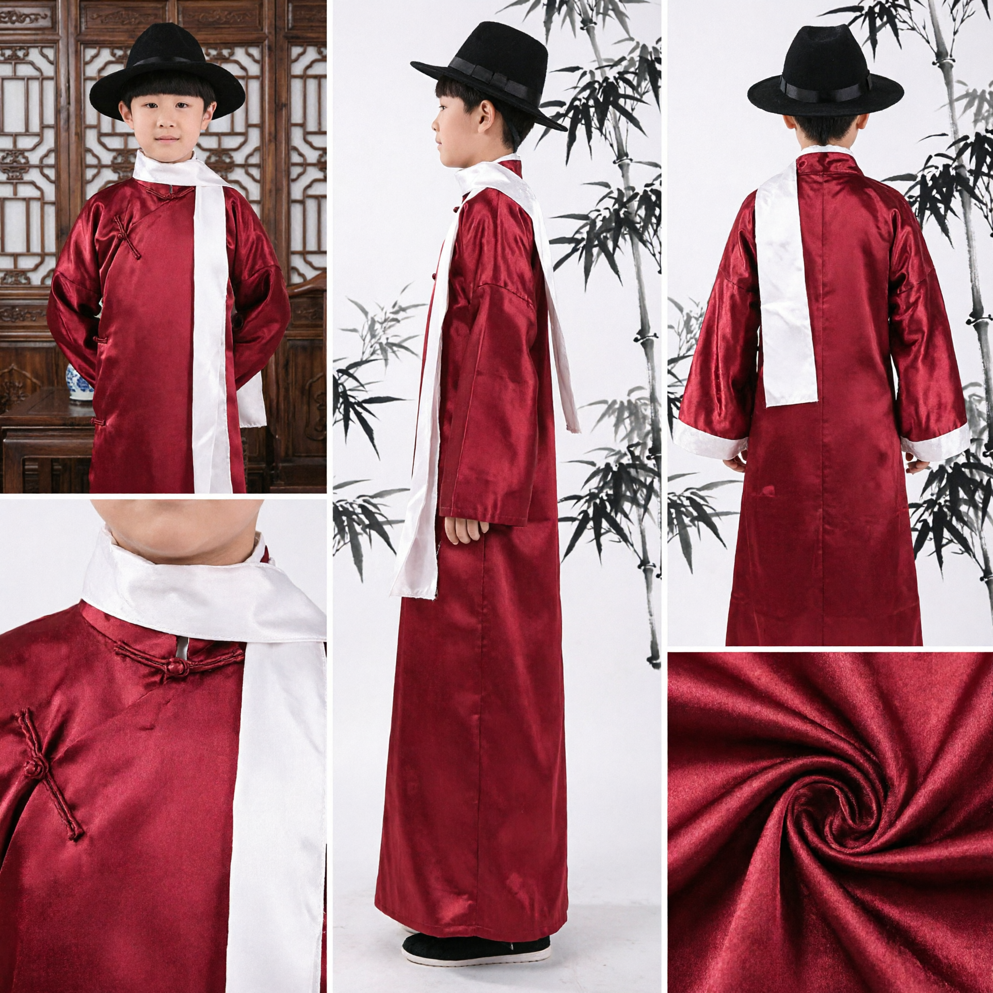 Kids Boys Traditional Chinese Changshan Red Silk Robe Minguo Young Master Performance Costume