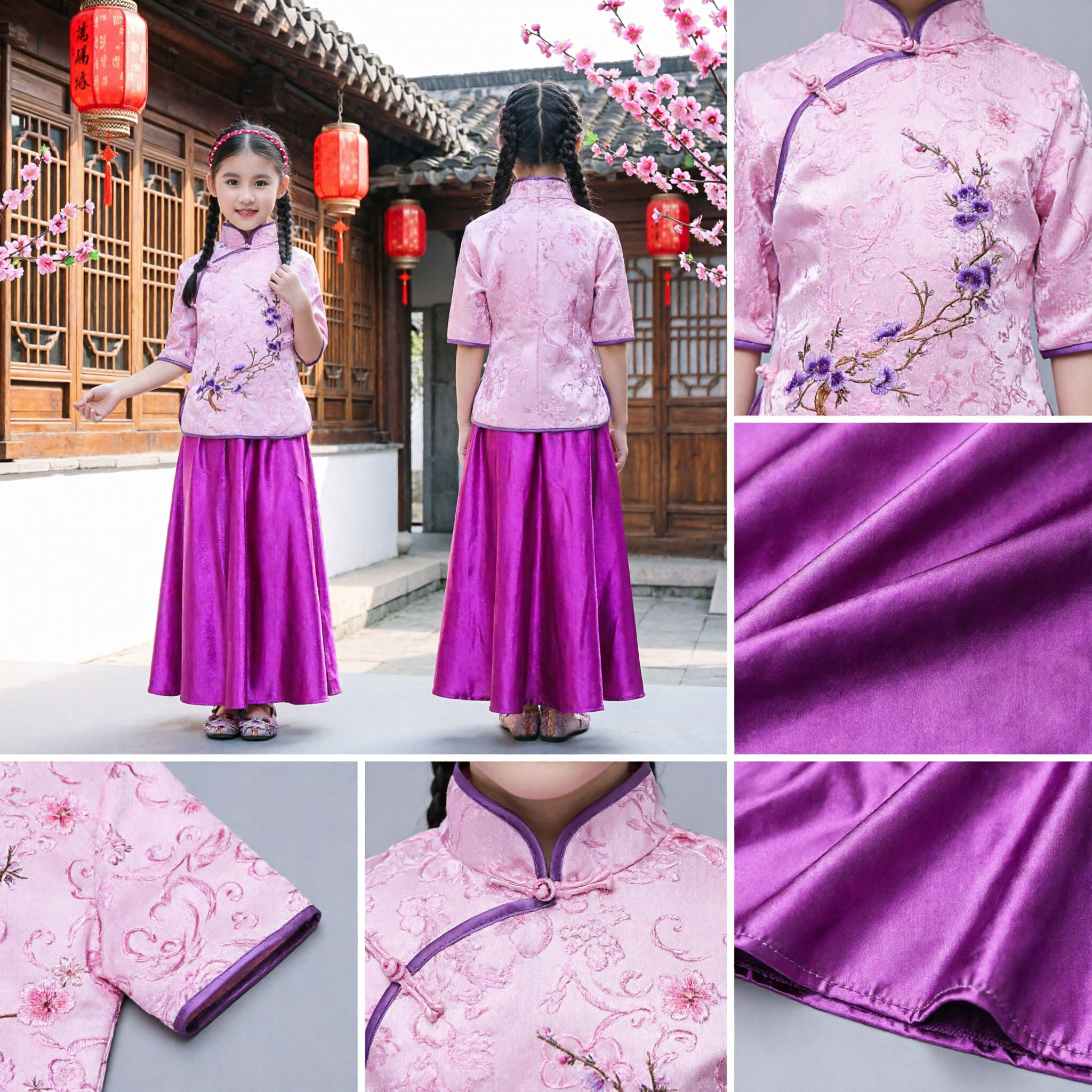 Traditional Chinese Kids Costume Pink Embroidered Tang Suit Top and Purple Satin Skirt Set for Girls Performance