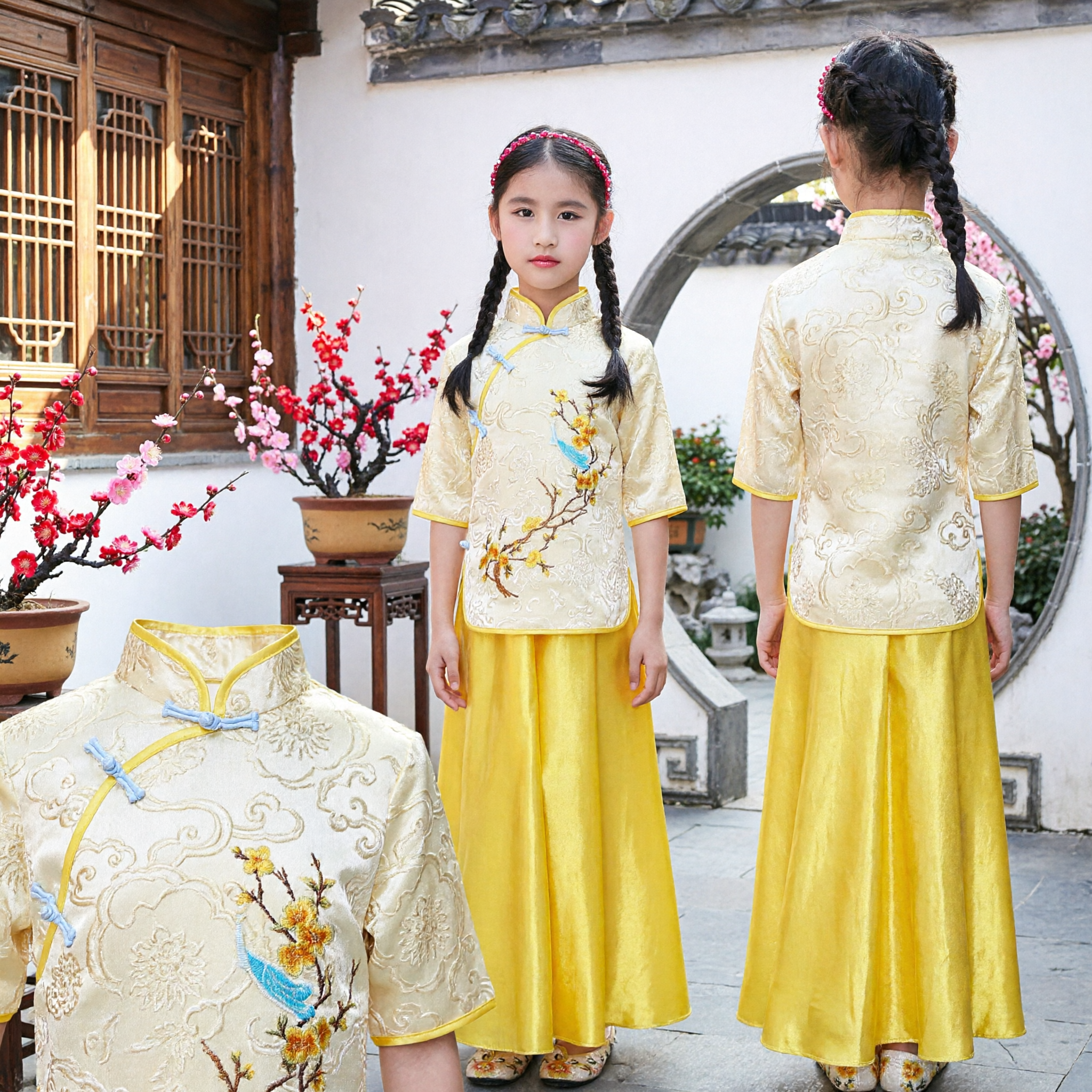 Girls Traditional Chinese Costume Yellow Floral Embroidery Top and Long Skirt Set for Stage Performance