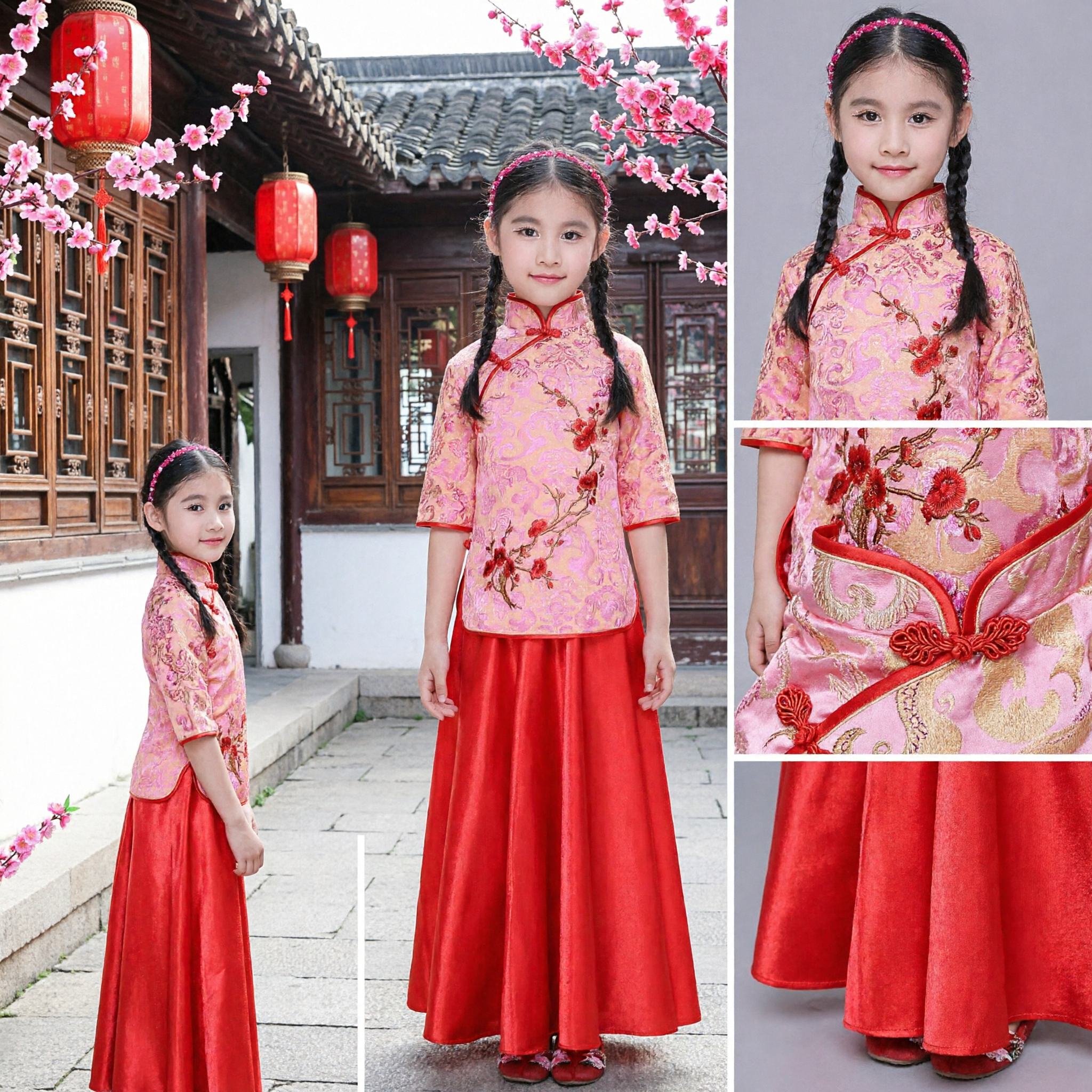Kids Girls Pink Floral Embroidery Cheongsam Top and Red Skirt Traditional Chinese Festival Costume