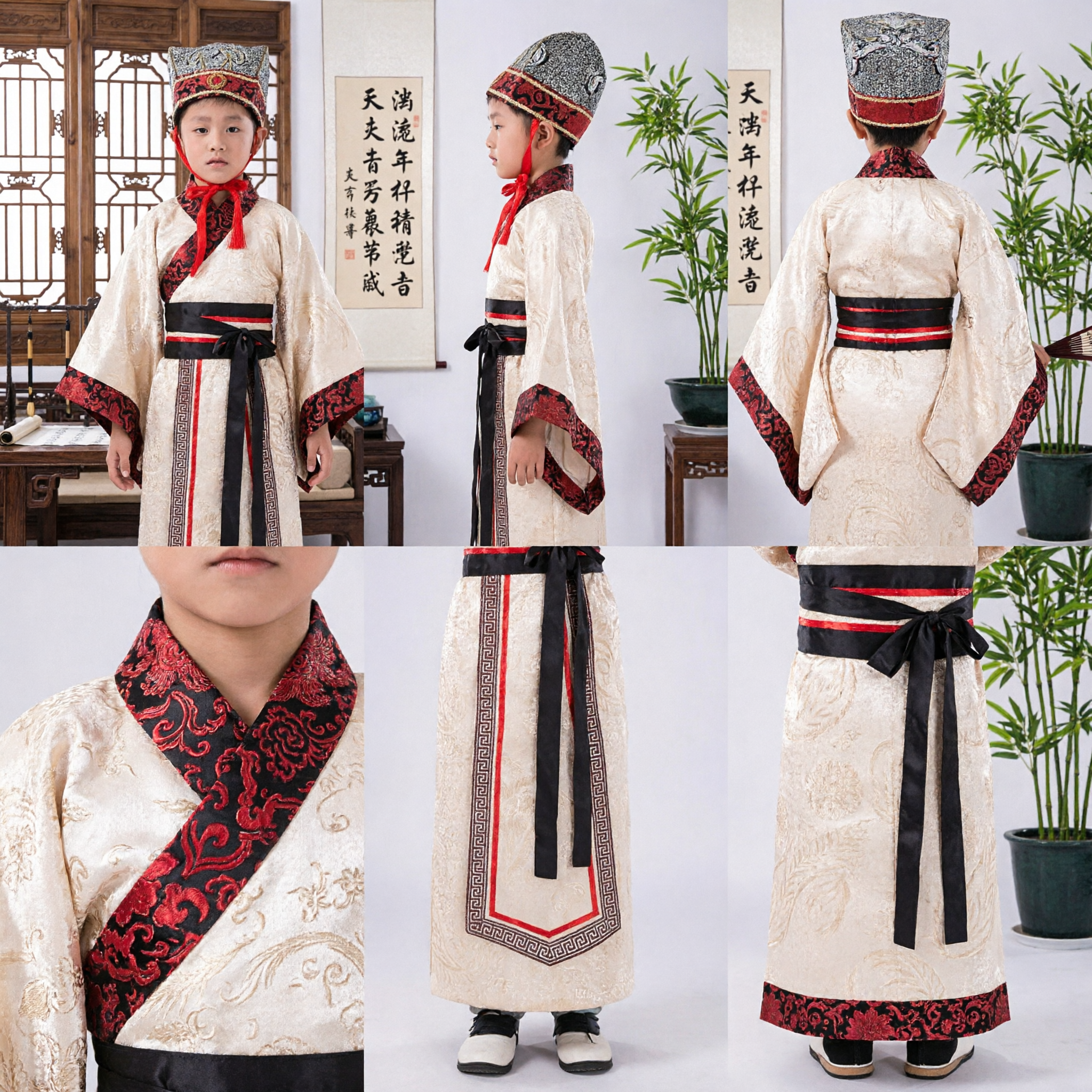Kids Traditional Chinese Ancient Scholar Costume Boys Hanfu Robe Set with Hat for Stage Performance