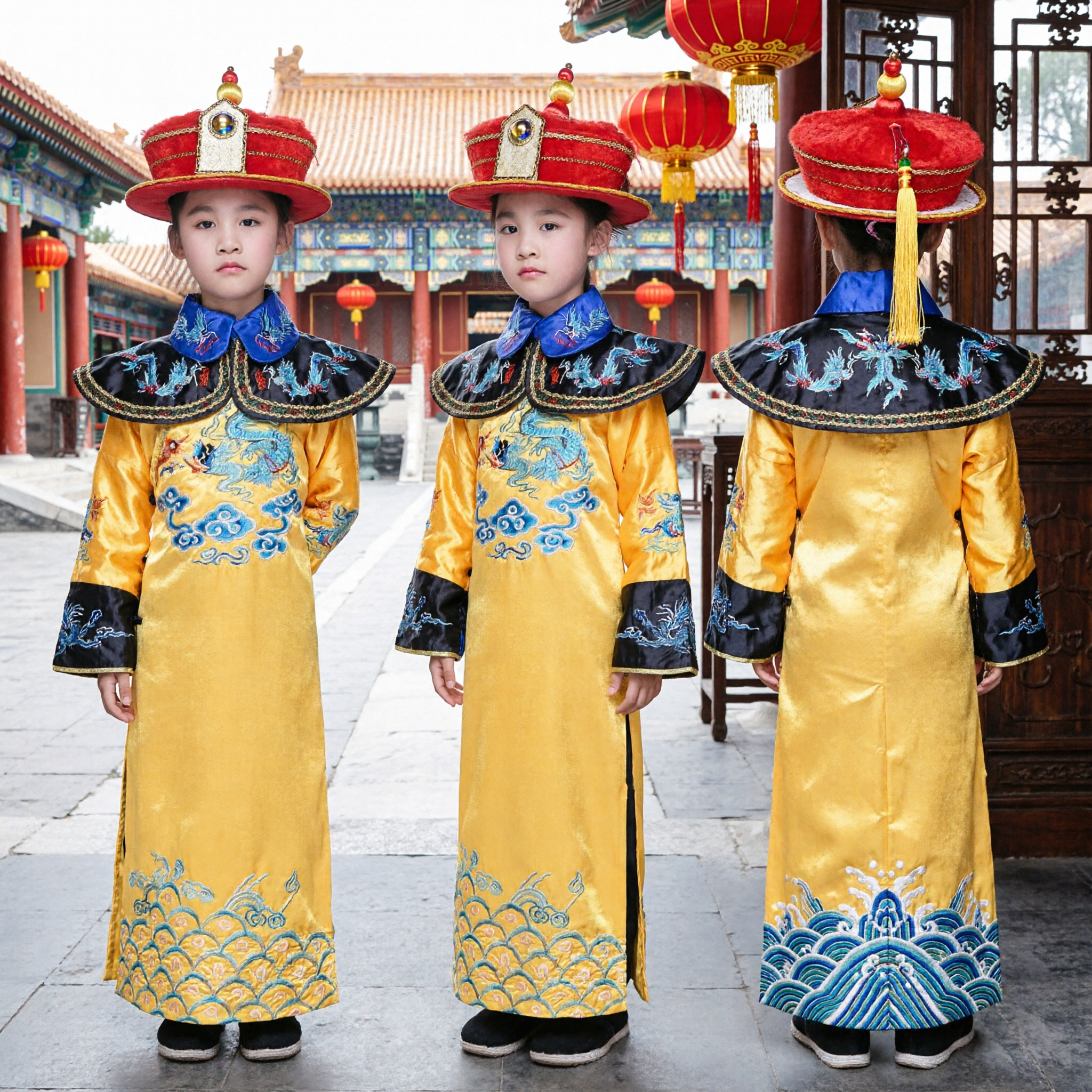 Kids Traditional Chinese Emperor Costume Yellow Dragon Robe Ancient Prince Outfit for Halloween Cosplay Performance
