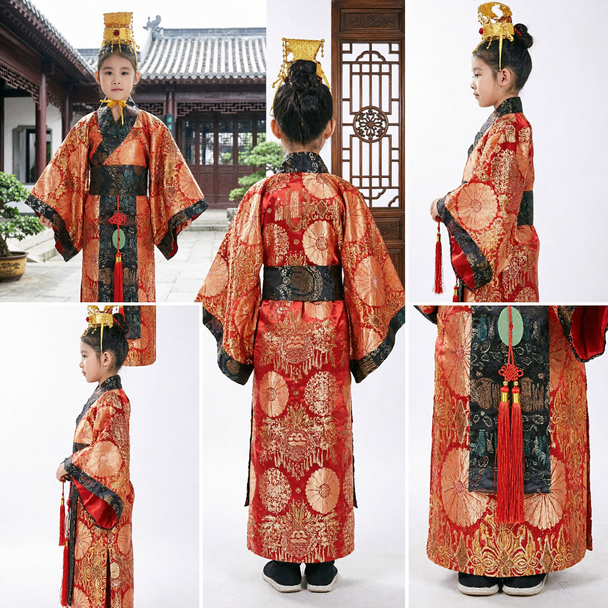 Kids Traditional Chinese Emperor Hanfu Costume Ancient Prince Robe with Crown for Halloween Stage Performance