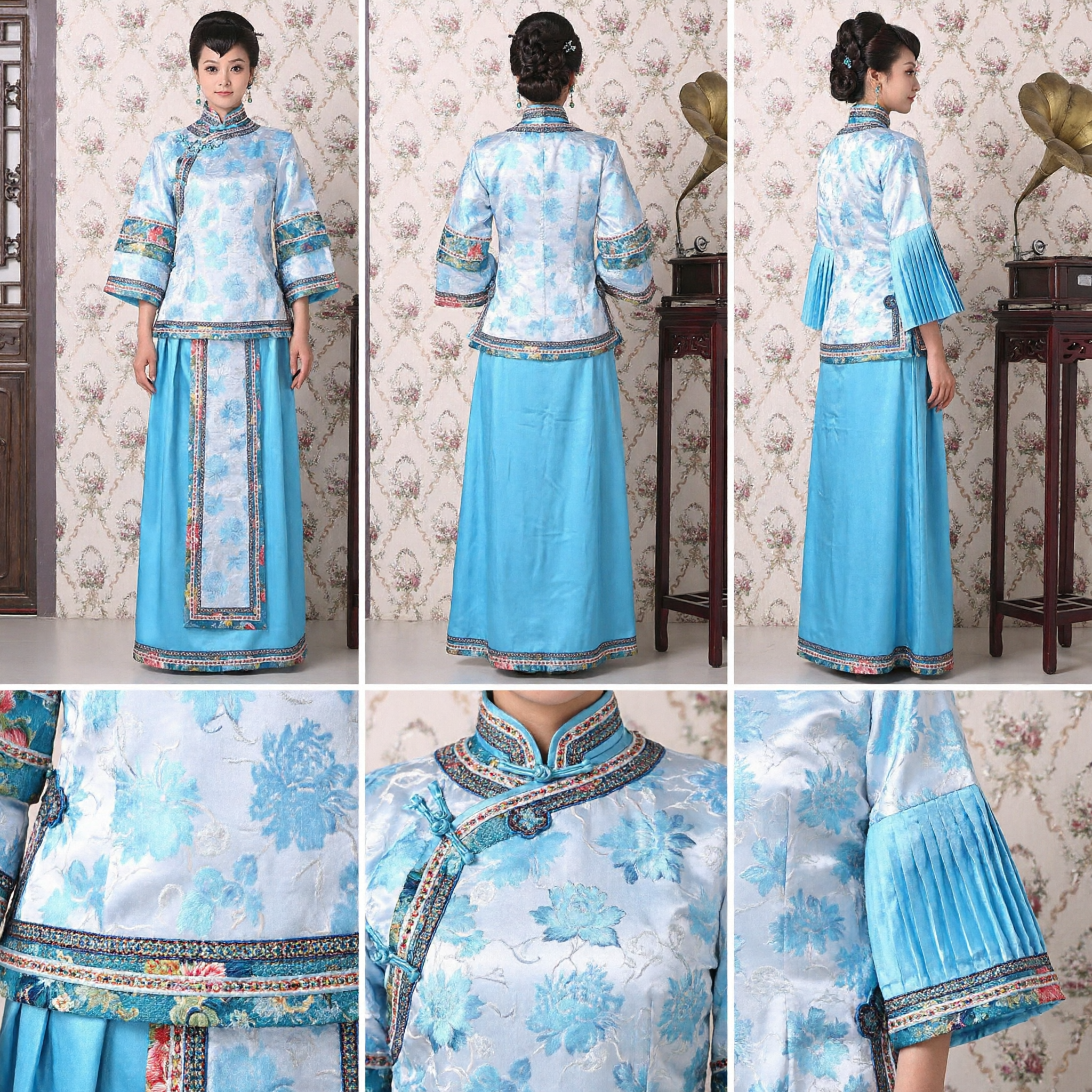 Traditional Chinese Blue Manchu Princess Costume Qing Dynasty Embroidered Two-Piece Set for Stage Performance