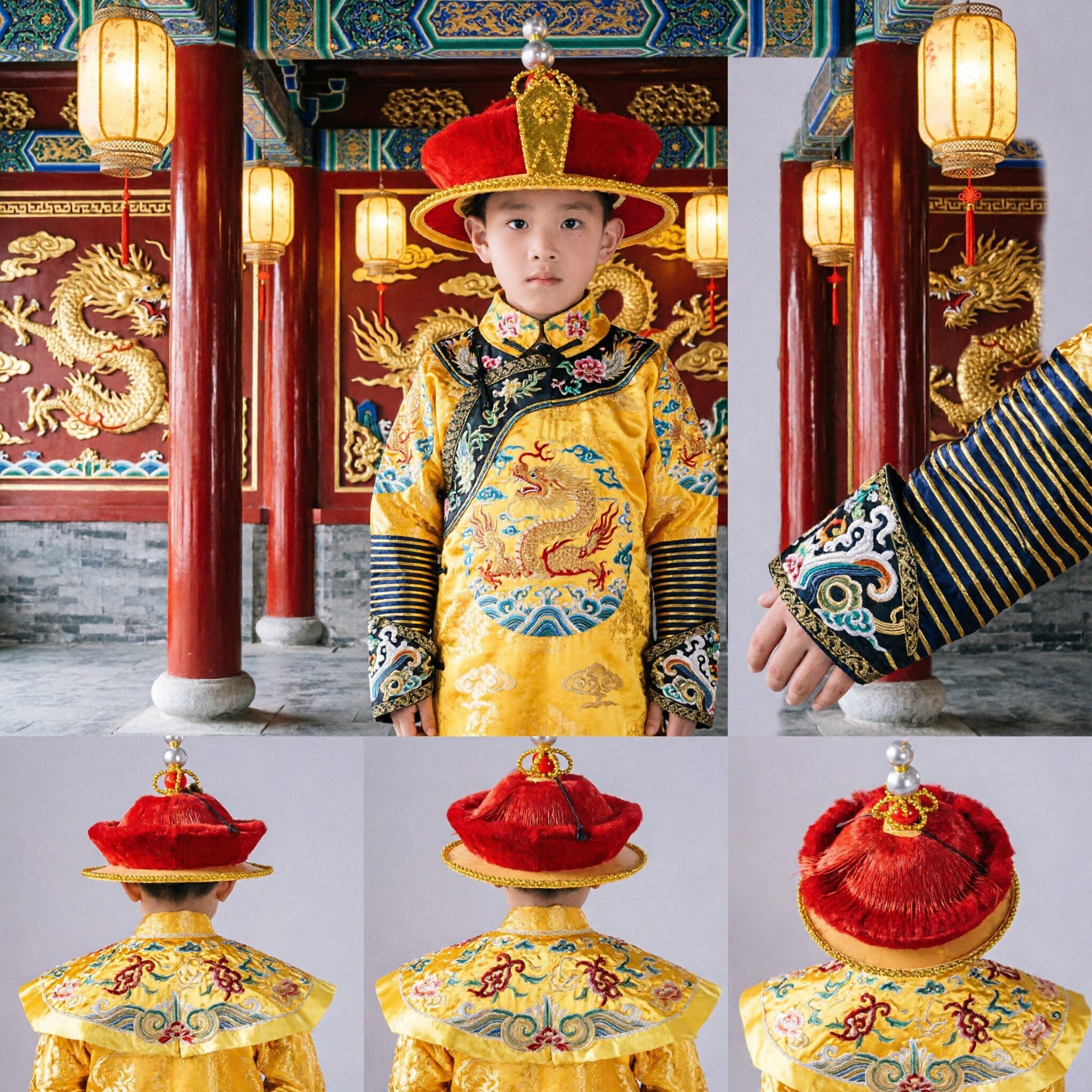 Kids Chinese Emperor Costume Yellow Dragon Robe Qing Dynasty Cosplay Outfit for Boys Halloween Stage Performance