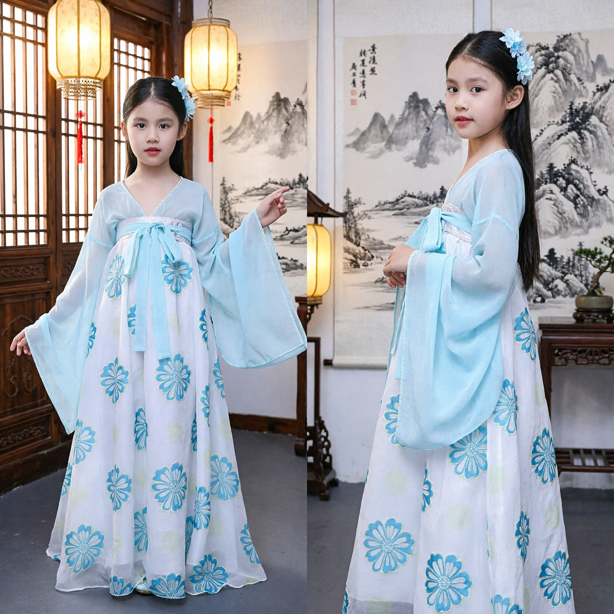 Traditional Chinese Hanfu Dress for Kids Girls Blue Floral Ancient Fairy Performance Costume