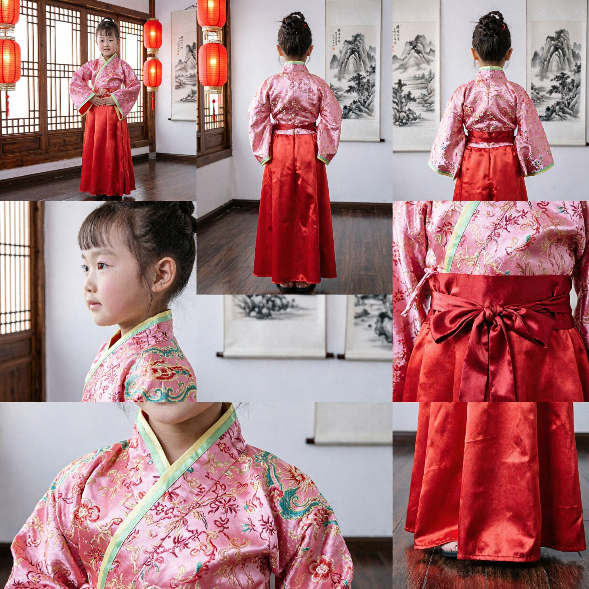 Kids Girls Korean Traditional Hanbok Dress Pink Floral Top Red Skirt Set Wedding Party Costume