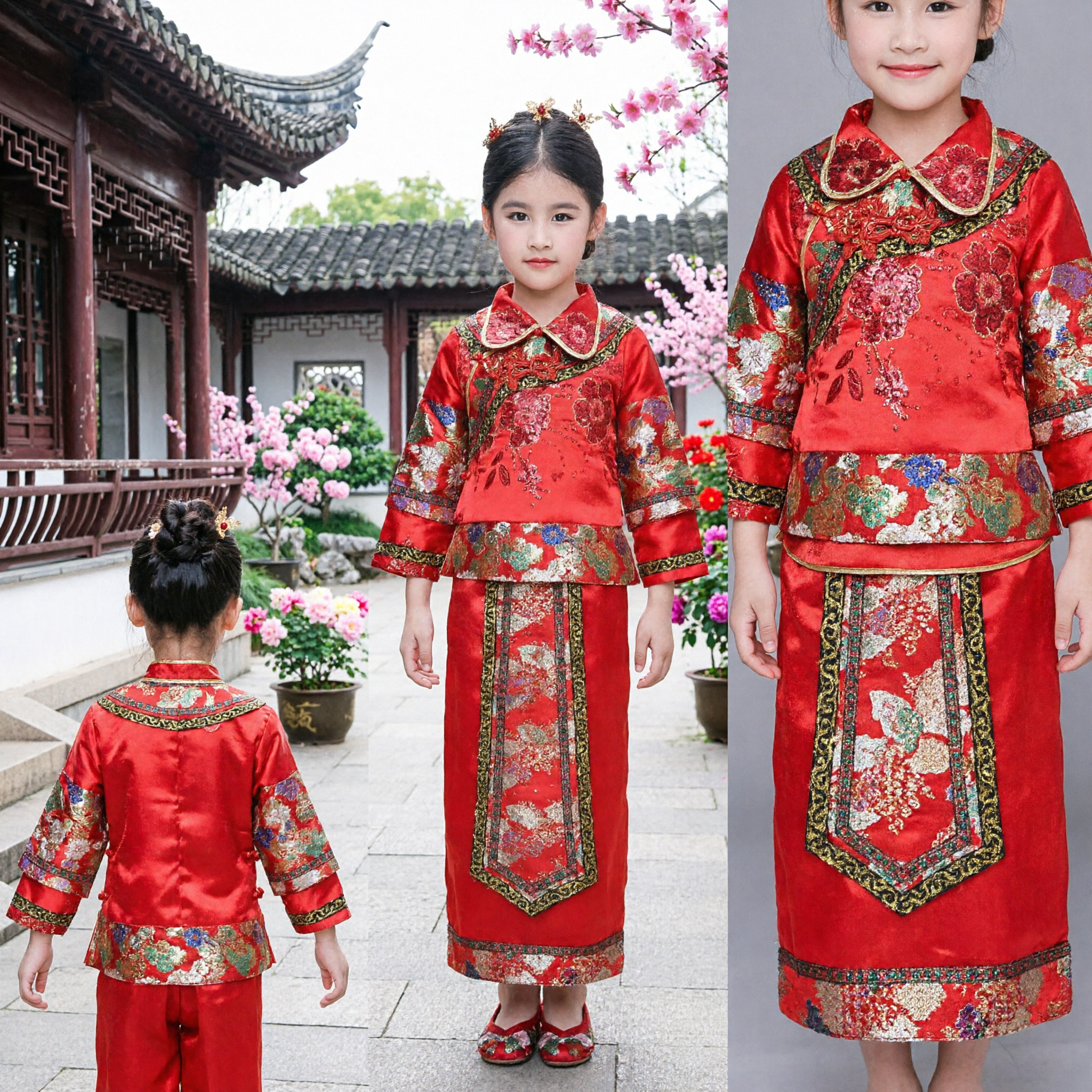 Traditional Chinese New Year Costume for Girls Red Tang Suit Hanfu Set Kids Spring Festival Wedding Dress