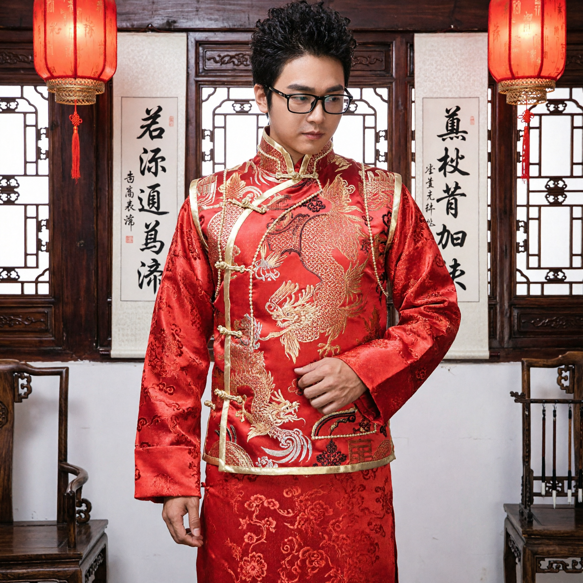Men's Traditional Chinese Wedding Groom Costume Red Dragon Embroidery Brocade Tang Suit Changshan Formal Wear