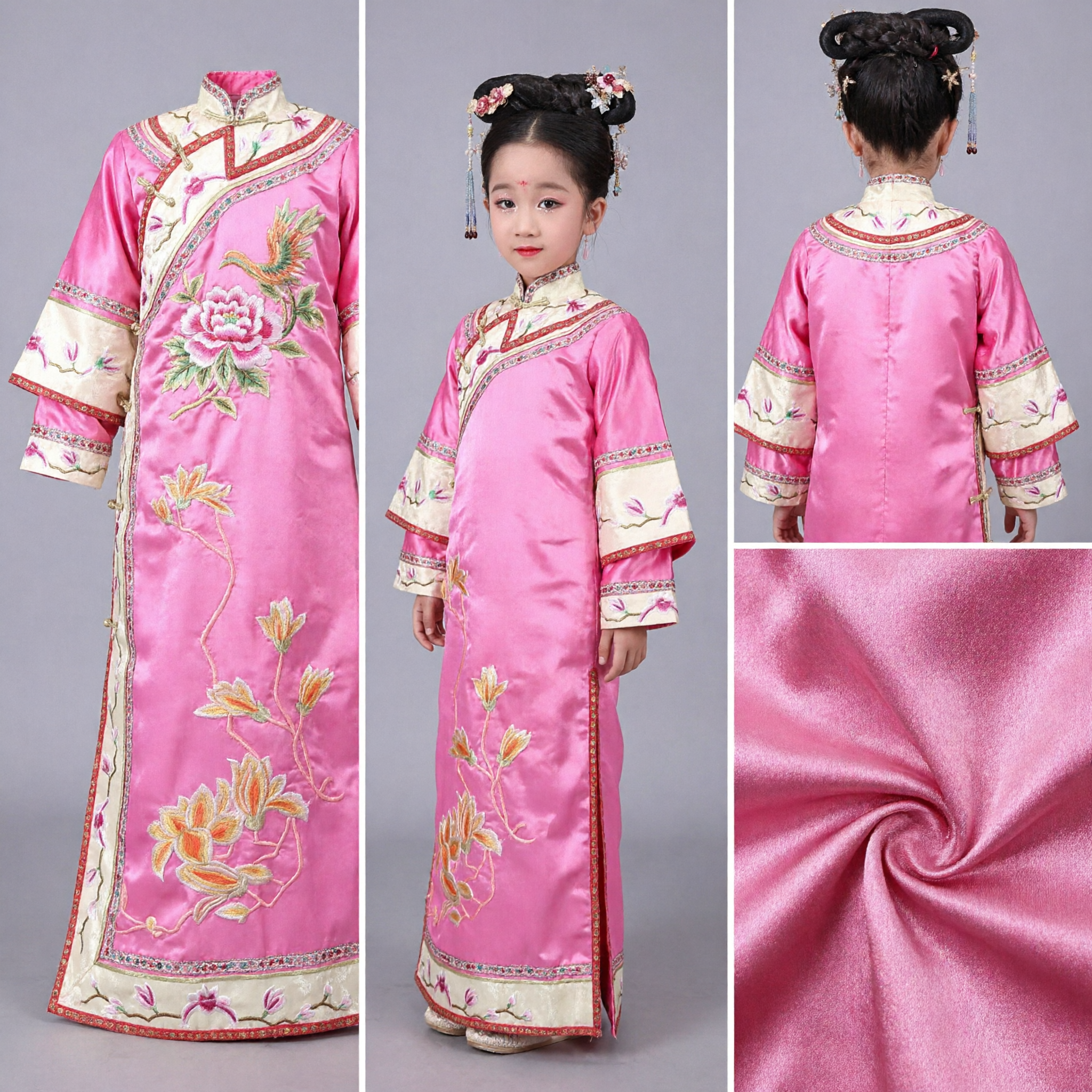 Traditional Chinese Qing Dynasty Princess Costume for Girls Pink Embroidered Manchu Robe with Fan for Stage Performance