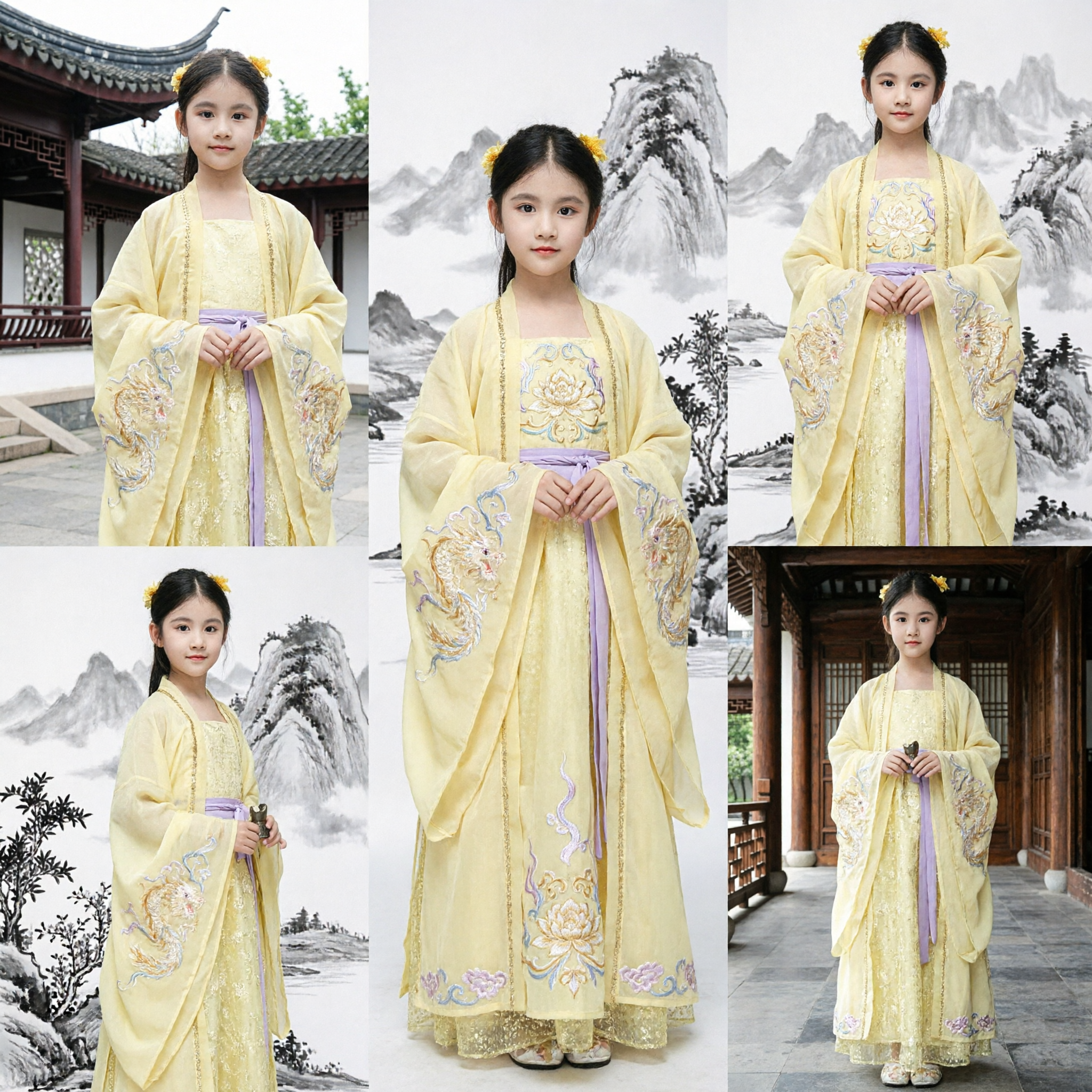 Kids Girls Traditional Chinese Hanfu Ancient Princess Fairy Costume Yellow Dress Performance Outfit