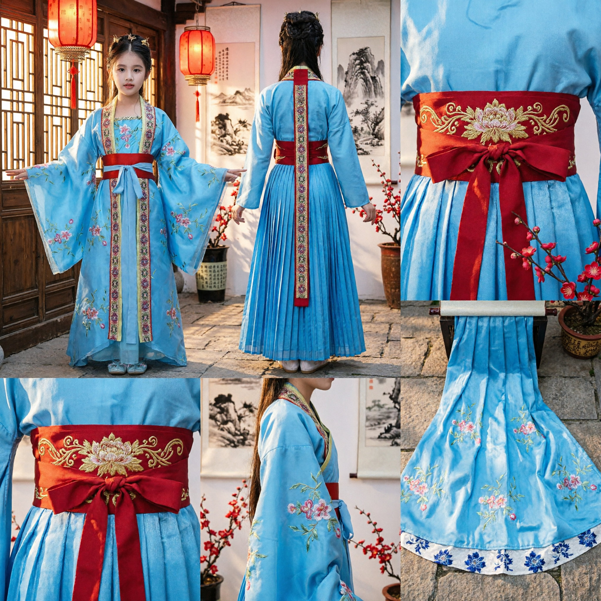 Blue Traditional Chinese Hanfu Dress for Girls Tang Dynasty Princess Costume Floral Embroidery Wide Sleeve Ancient Clothing