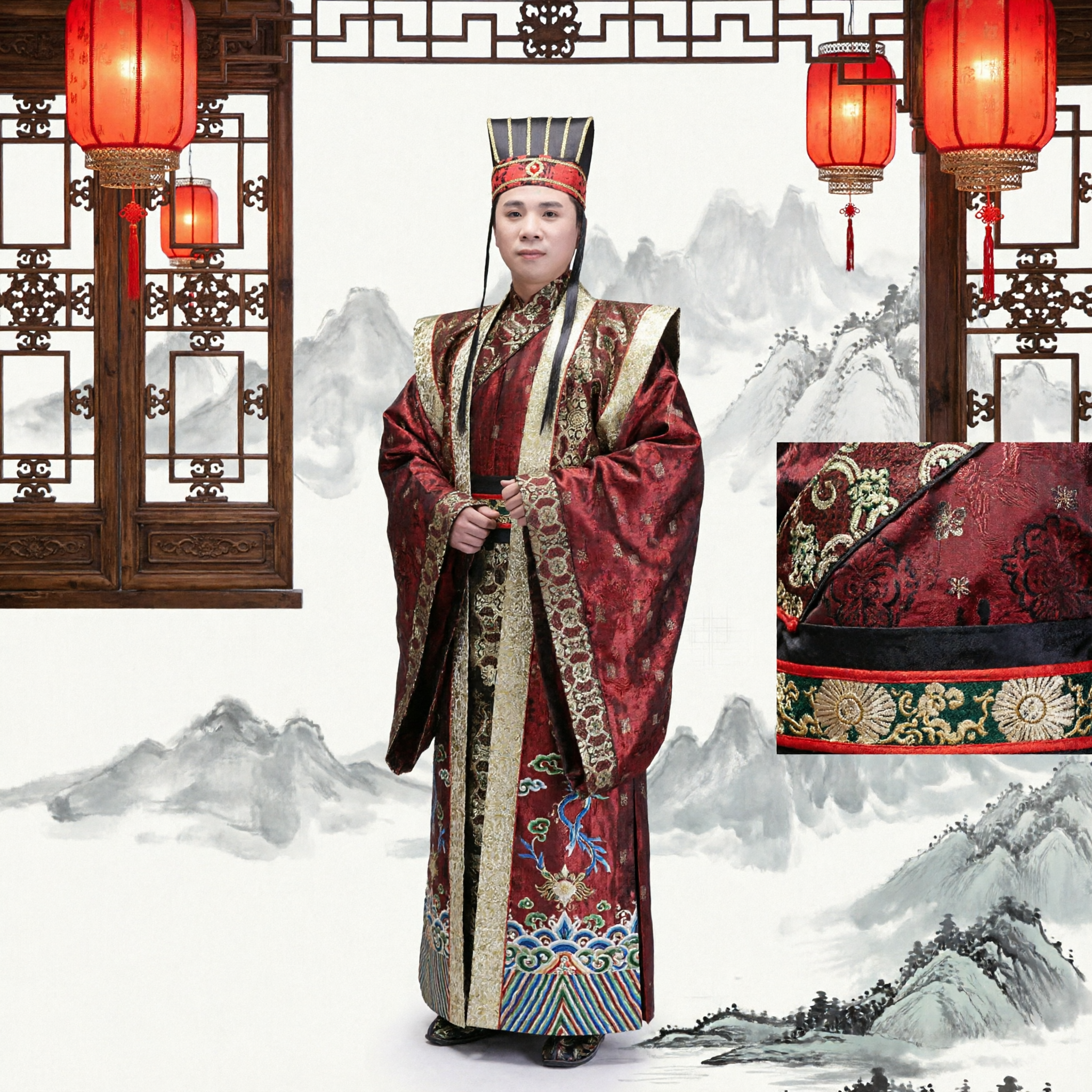 Men's Ancient Chinese Hanfu Costume Red Brocade Official Robe for Wedding and Stage Performance