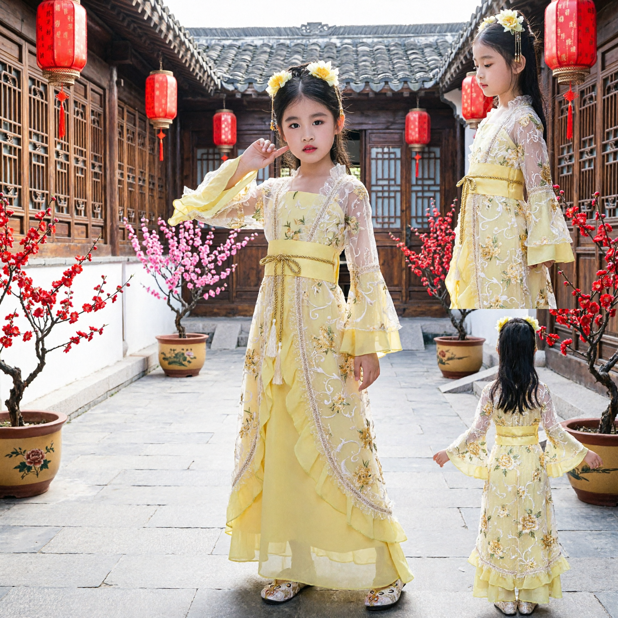 Girls Yellow Traditional Chinese Hanfu Dress Kids Ancient Tang Dynasty Princess Costume for Performance Dance