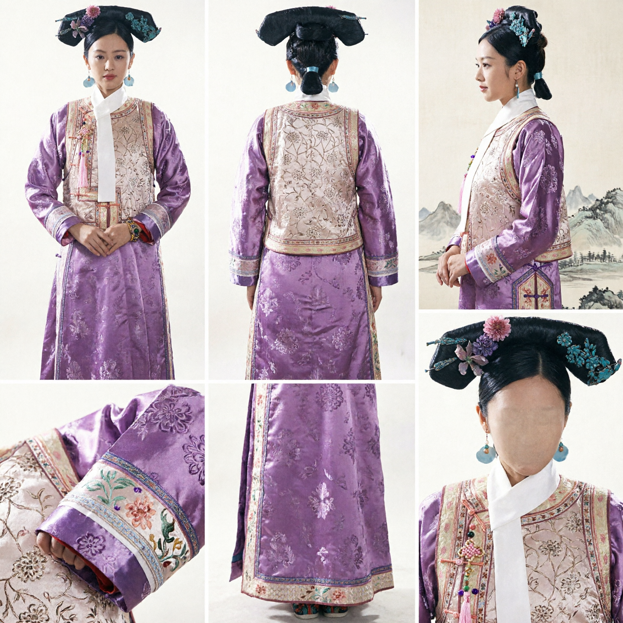 Ancient Chinese Qing Dynasty Manchu Palace Lady Costume Purple Embroidered Robe and Headwear Set for Women Cosplay
