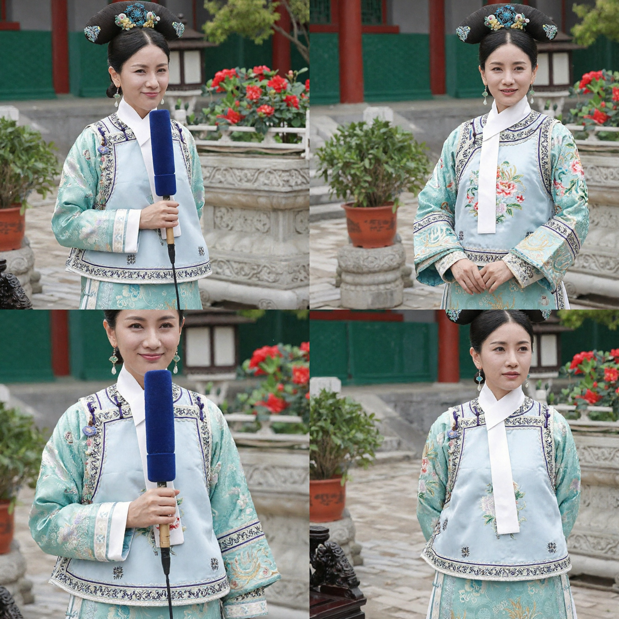 Traditional Chinese Qing Dynasty Manchu Princess Costume Embroidered Mint Green Robe with Headpiece for Women
