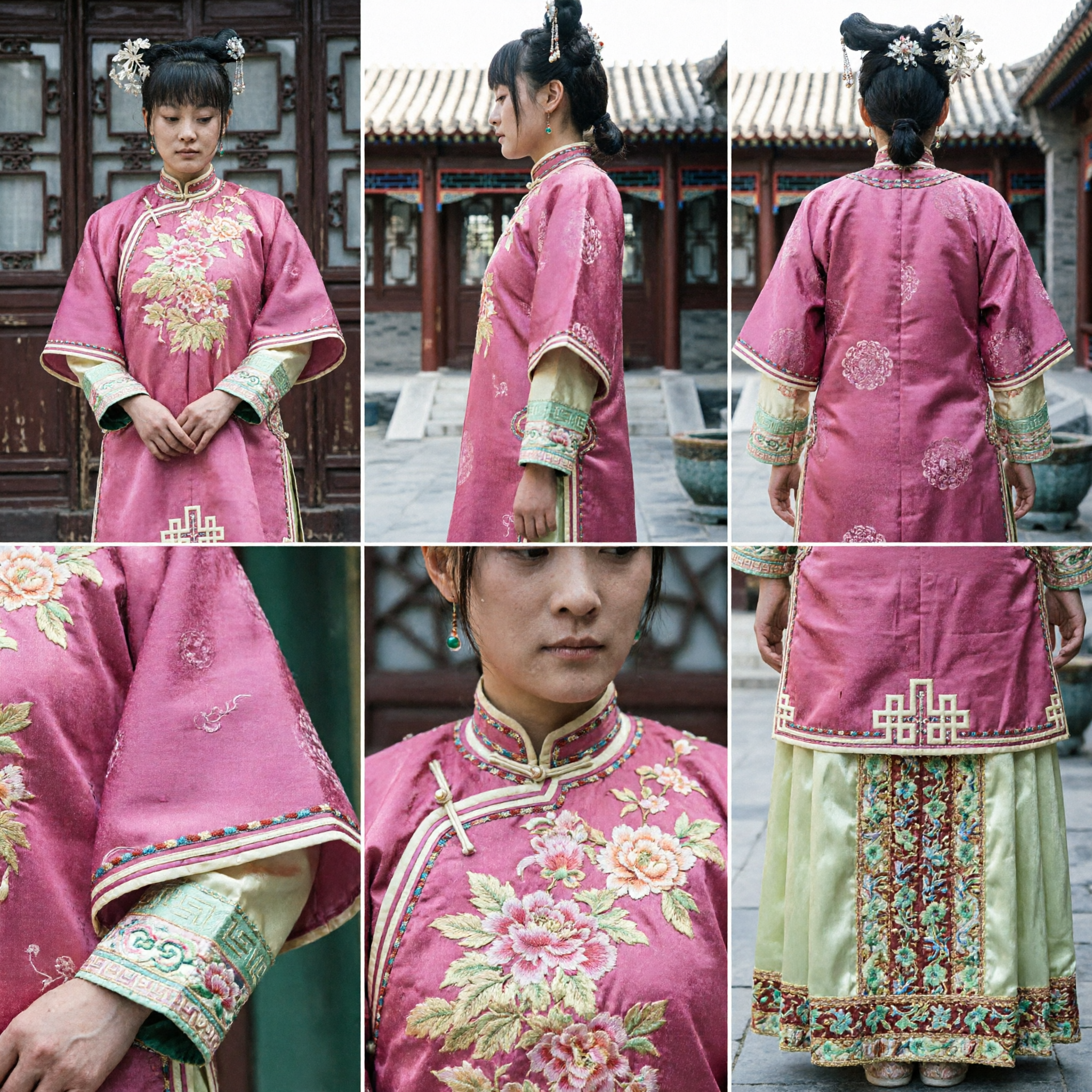 Traditional Chinese Qing Dynasty Manchu Lady Costume Pink Embroidered Top and Yellow Skirt for Women